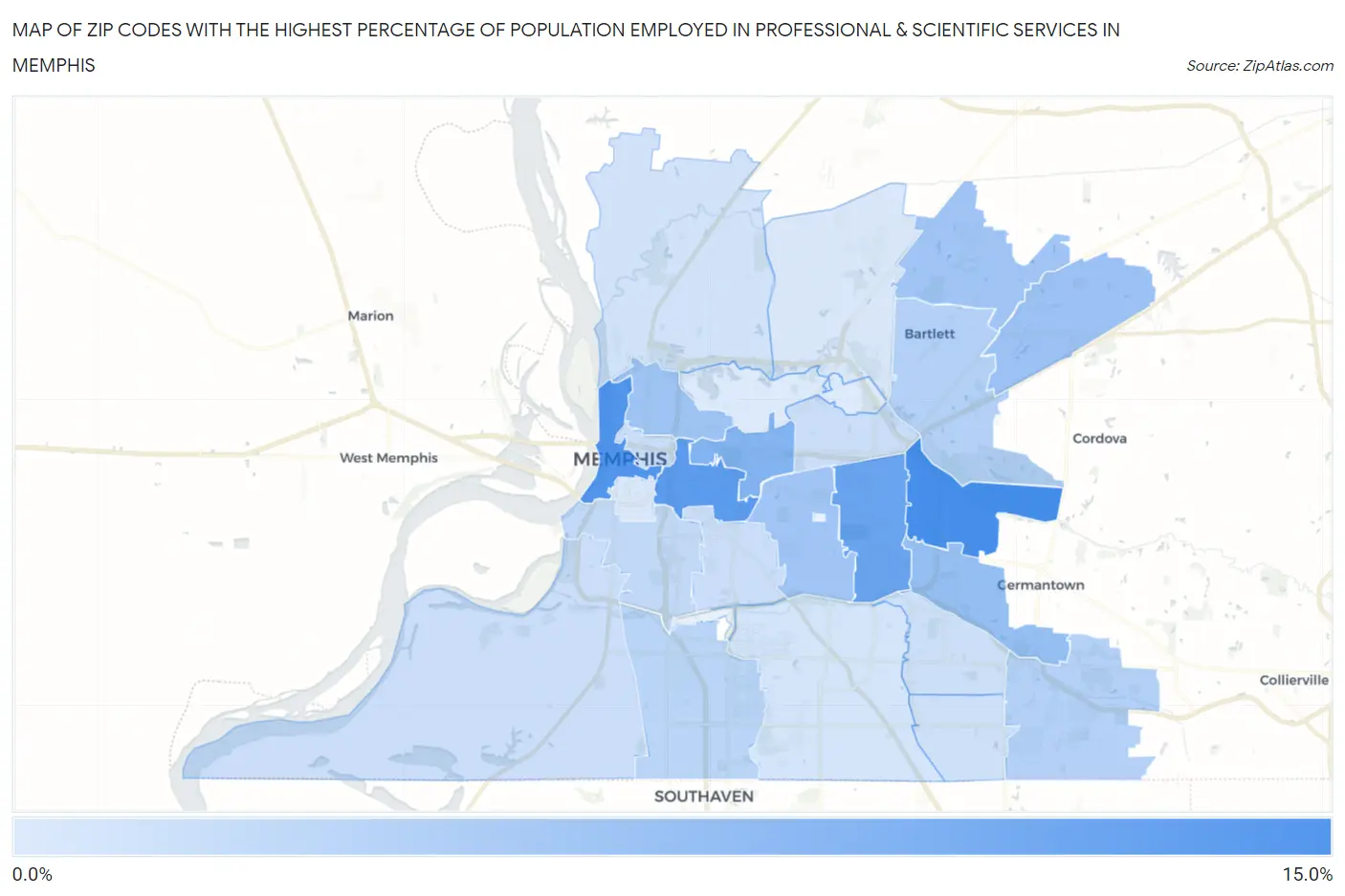 Zip Codes with the Highest Percentage of Population Employed in Professional & Scientific Services in Memphis Map