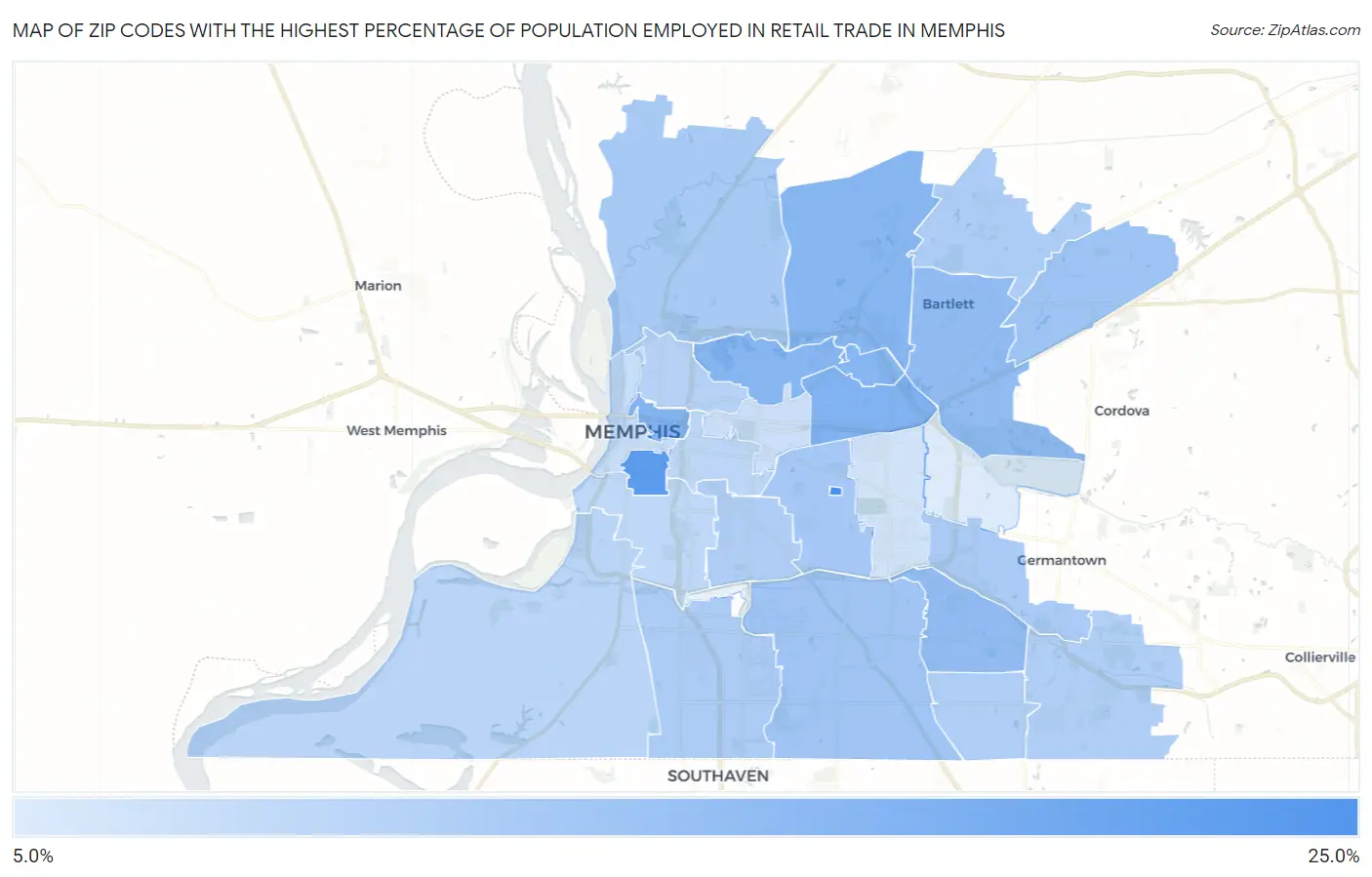 Zip Codes with the Highest Percentage of Population Employed in Retail Trade in Memphis Map