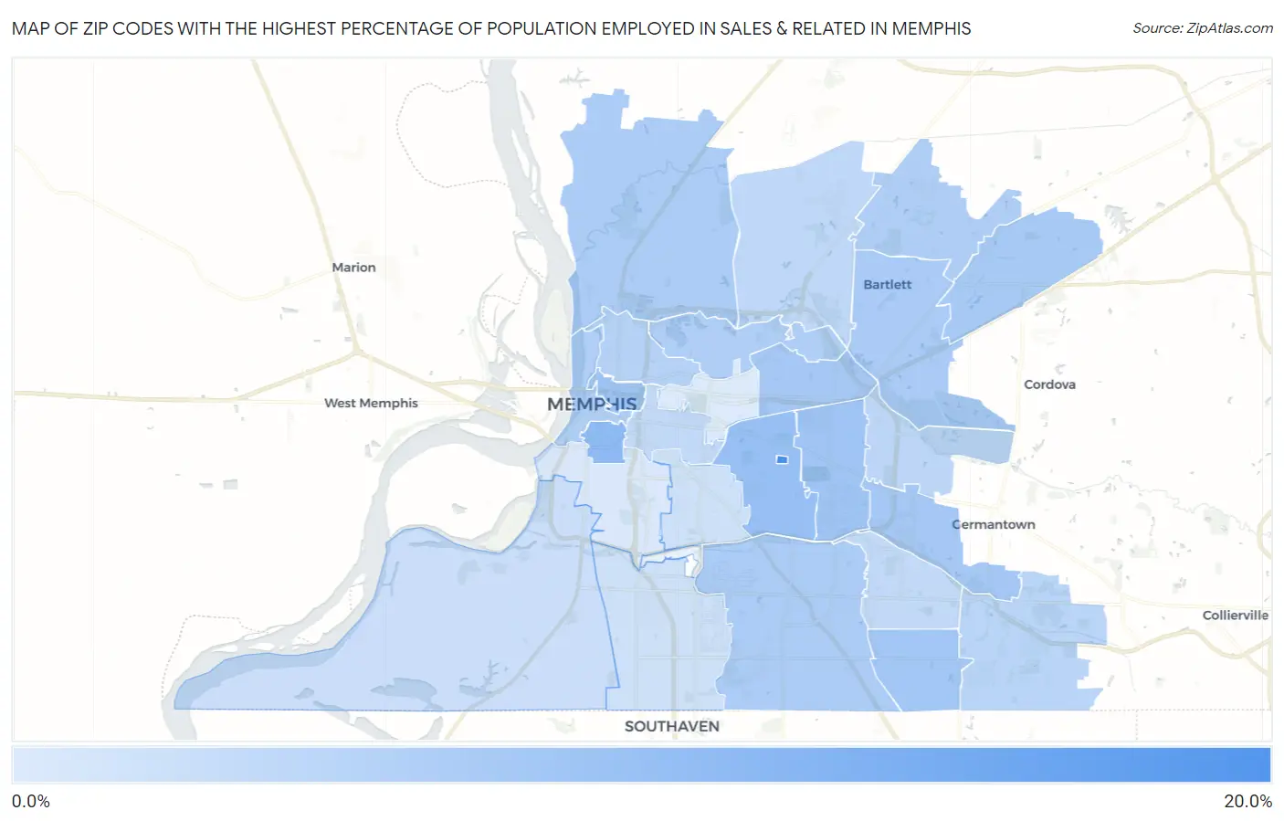 Zip Codes with the Highest Percentage of Population Employed in Sales & Related in Memphis Map