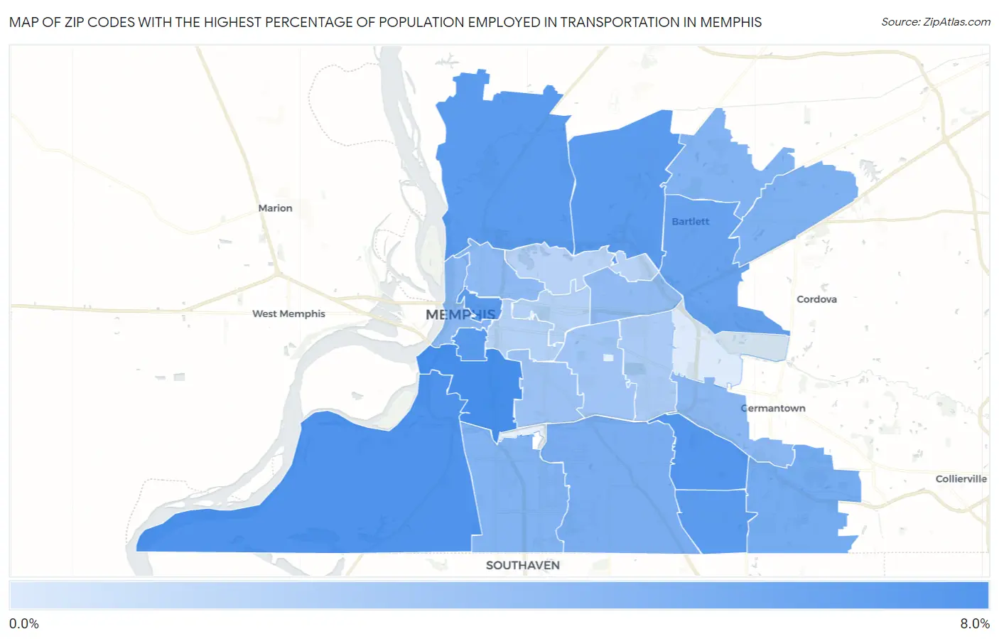 Zip Codes with the Highest Percentage of Population Employed in Transportation in Memphis Map