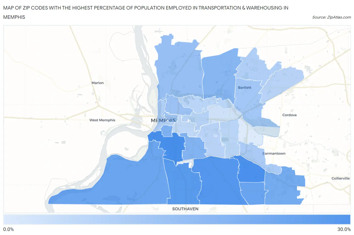 Zip Codes with the Highest Percentage of Population Employed in Transportation & Warehousing in Memphis Map
