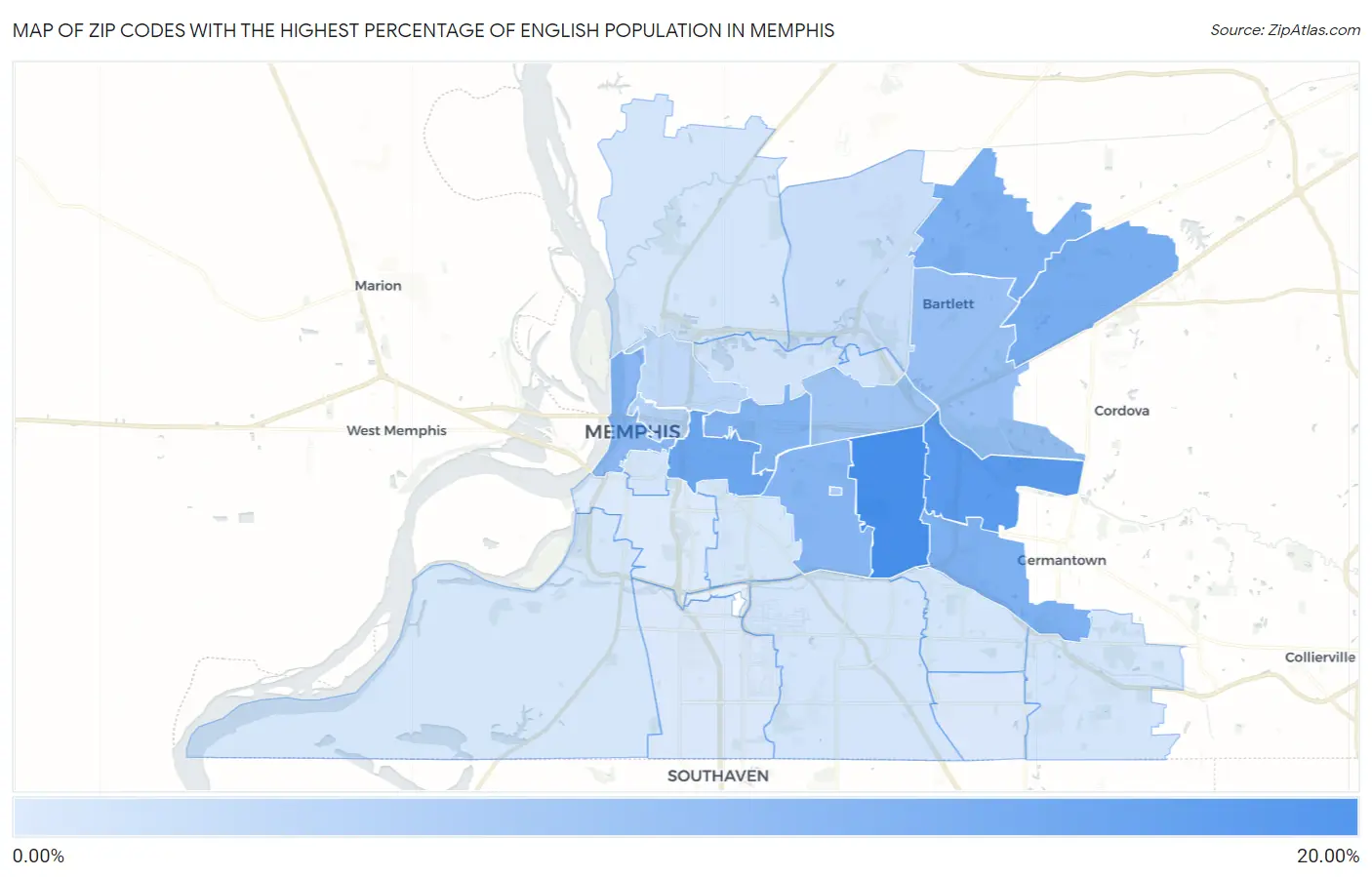 Zip Codes with the Highest Percentage of English Population in Memphis Map