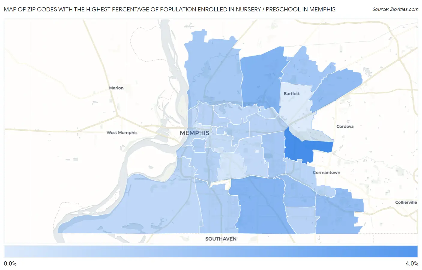 Zip Codes with the Highest Percentage of Population Enrolled in Nursery / Preschool in Memphis Map