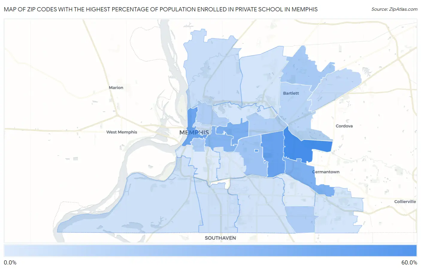 Zip Codes with the Highest Percentage of Population Enrolled in Private School in Memphis Map