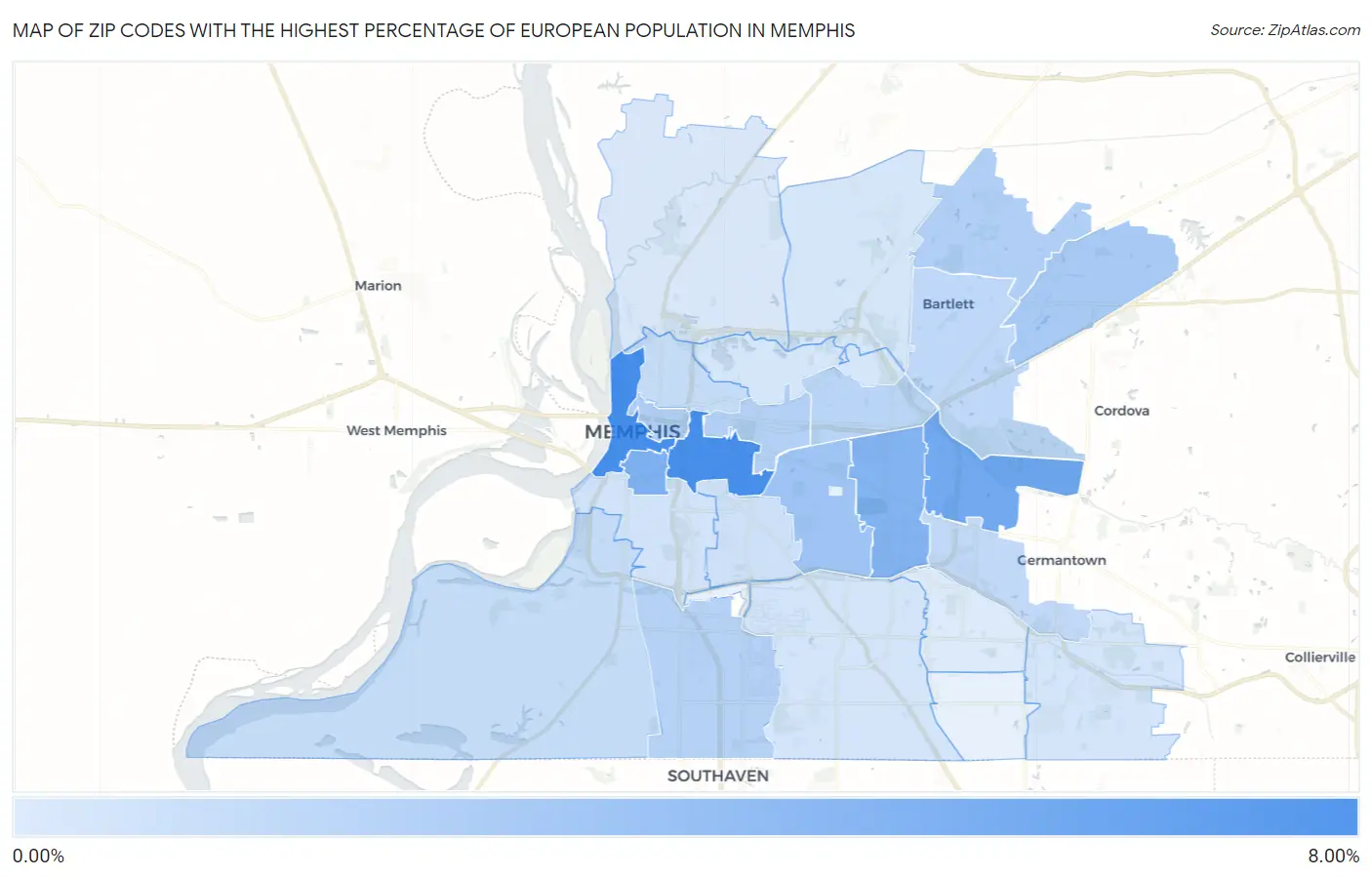 Zip Codes with the Highest Percentage of European Population in Memphis Map