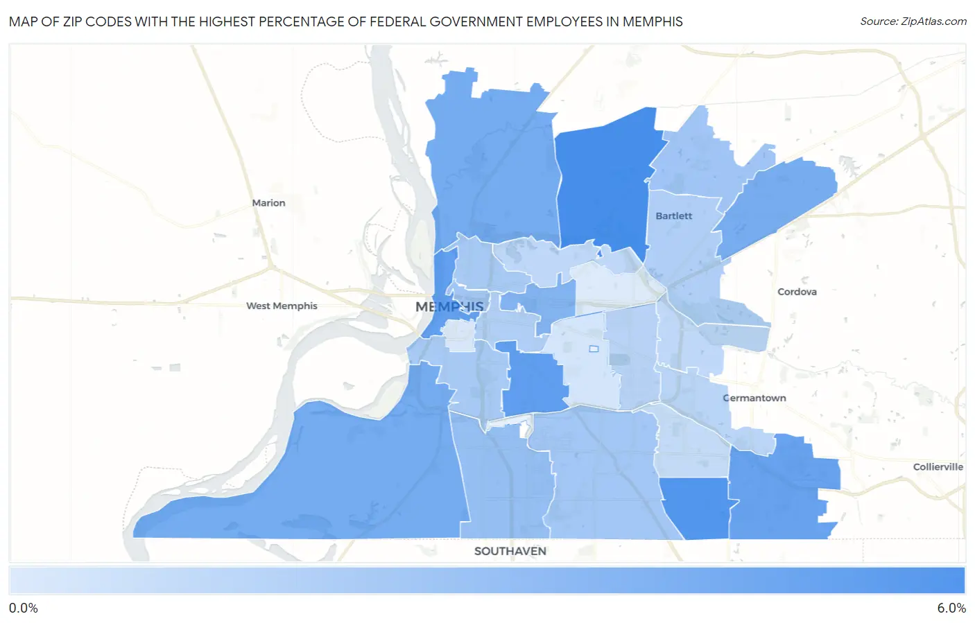 Zip Codes with the Highest Percentage of Federal Government Employees in Memphis Map