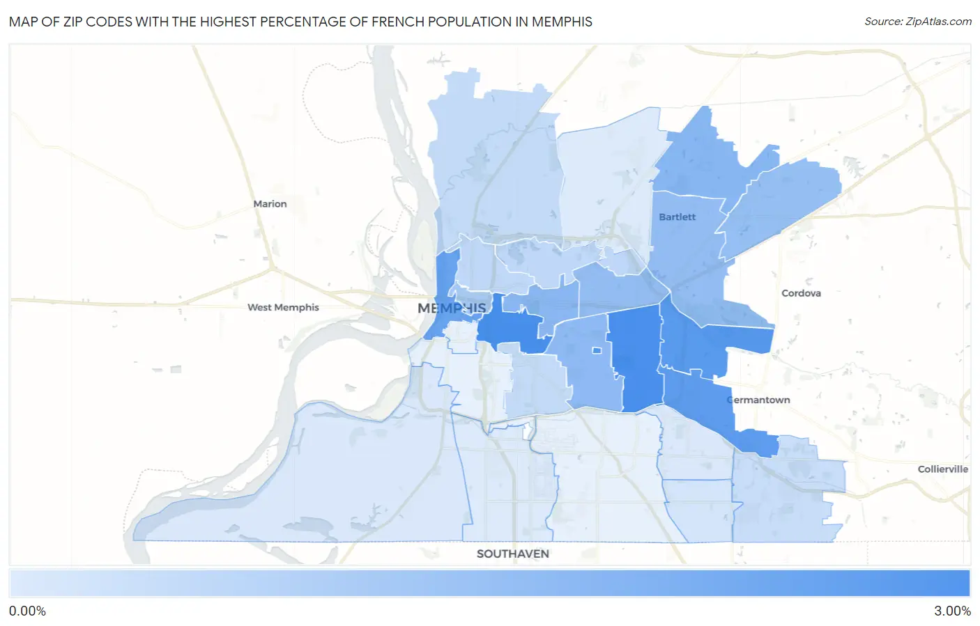 Zip Codes with the Highest Percentage of French Population in Memphis Map