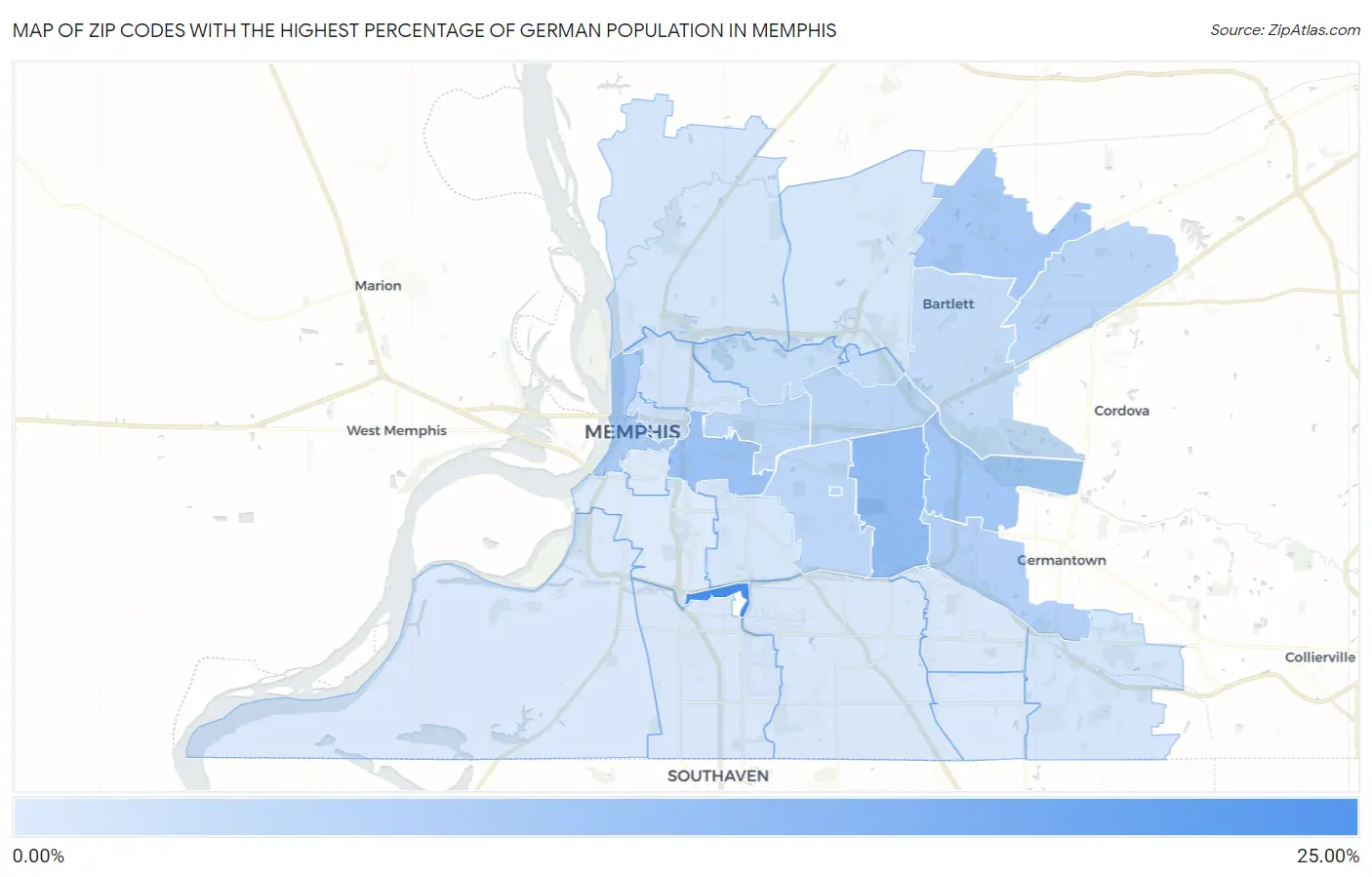Zip Codes with the Highest Percentage of German Population in Memphis Map