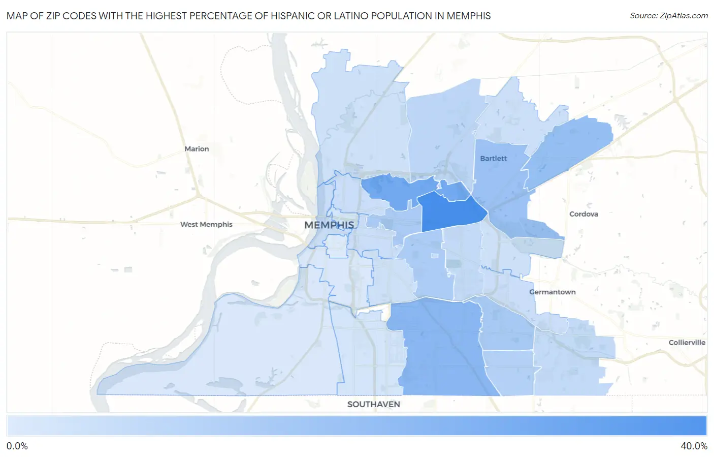 Zip Codes with the Highest Percentage of Hispanic or Latino Population in Memphis Map