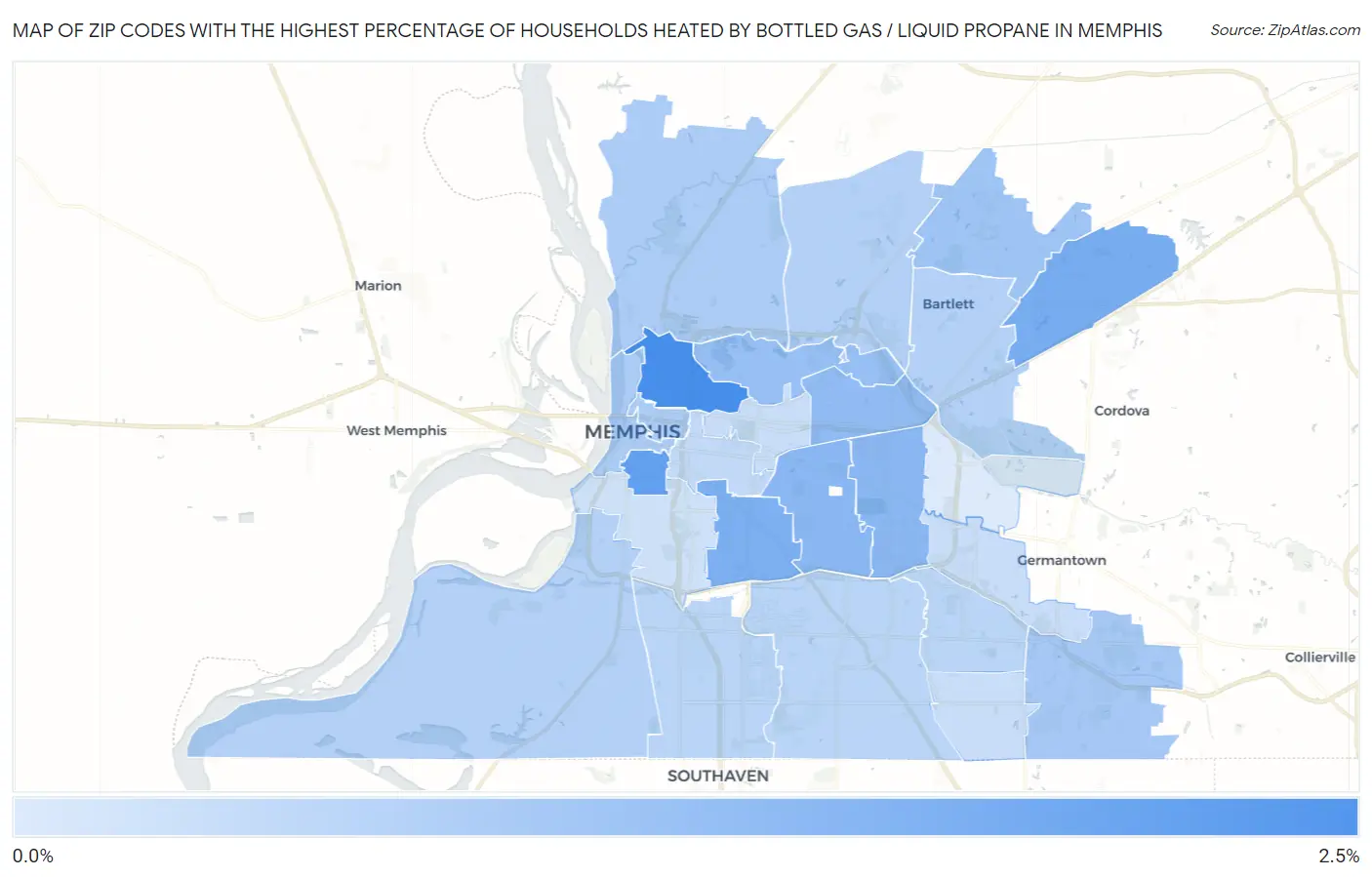 Zip Codes with the Highest Percentage of Households Heated by Bottled Gas / Liquid Propane in Memphis Map
