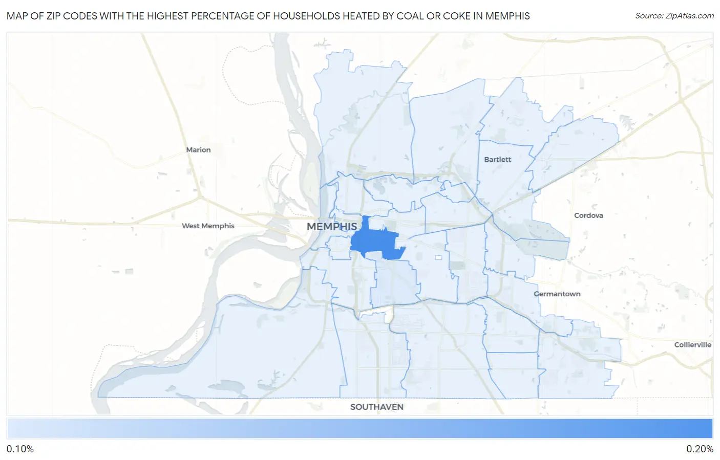 Zip Codes with the Highest Percentage of Households Heated by Coal or Coke in Memphis Map