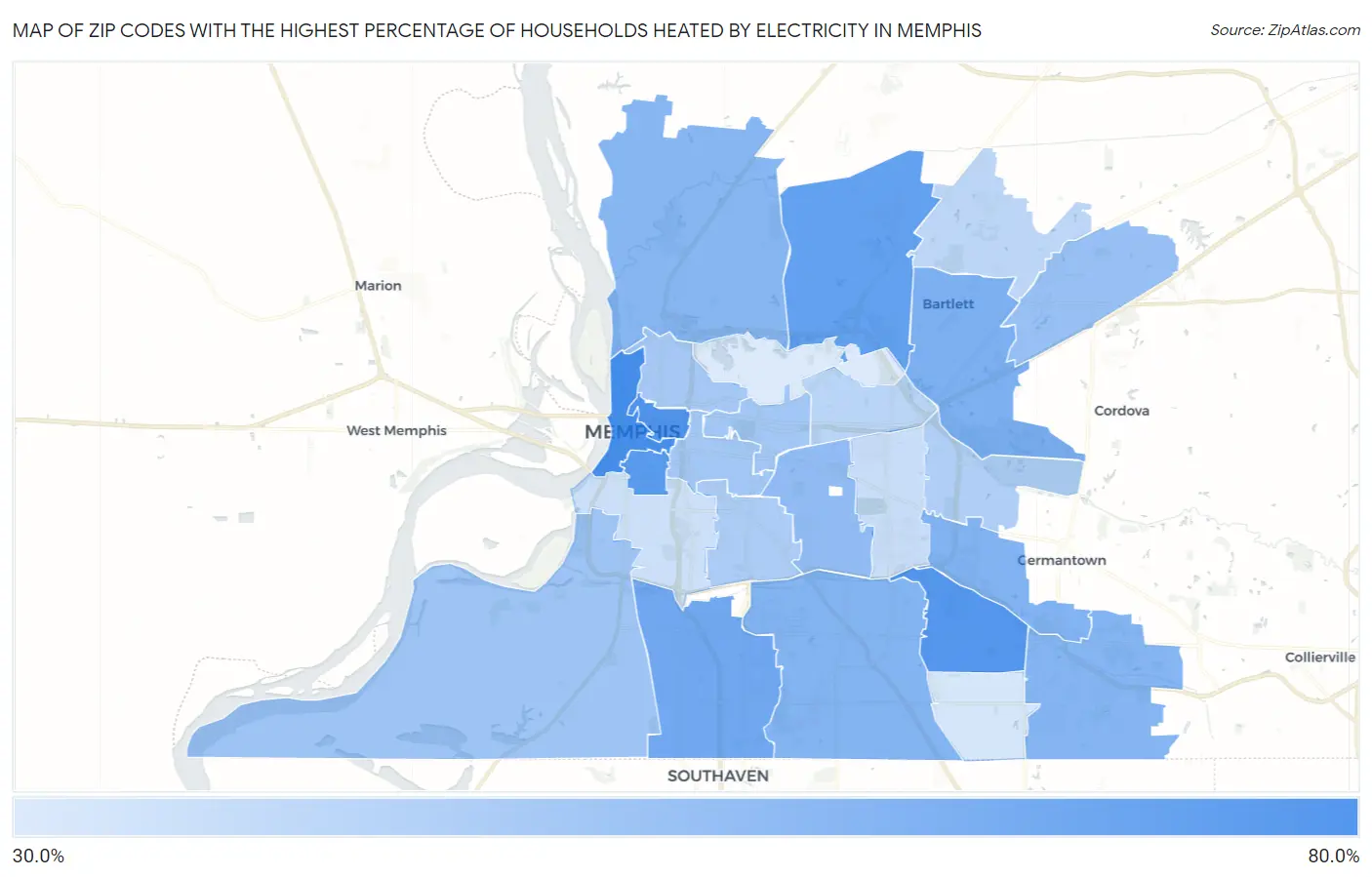 Zip Codes with the Highest Percentage of Households Heated by Electricity in Memphis Map