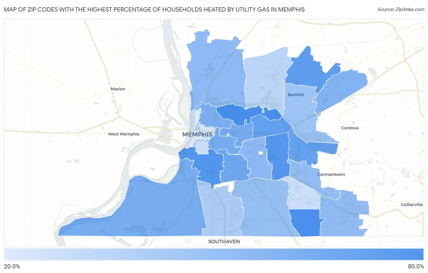 Zip Codes with the Highest Percentage of Households Heated by Utility Gas in Memphis Map