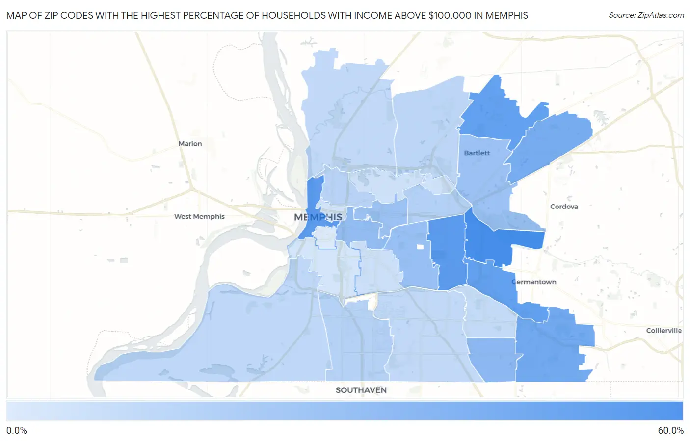 Zip Codes with the Highest Percentage of Households with Income Above $100,000 in Memphis Map