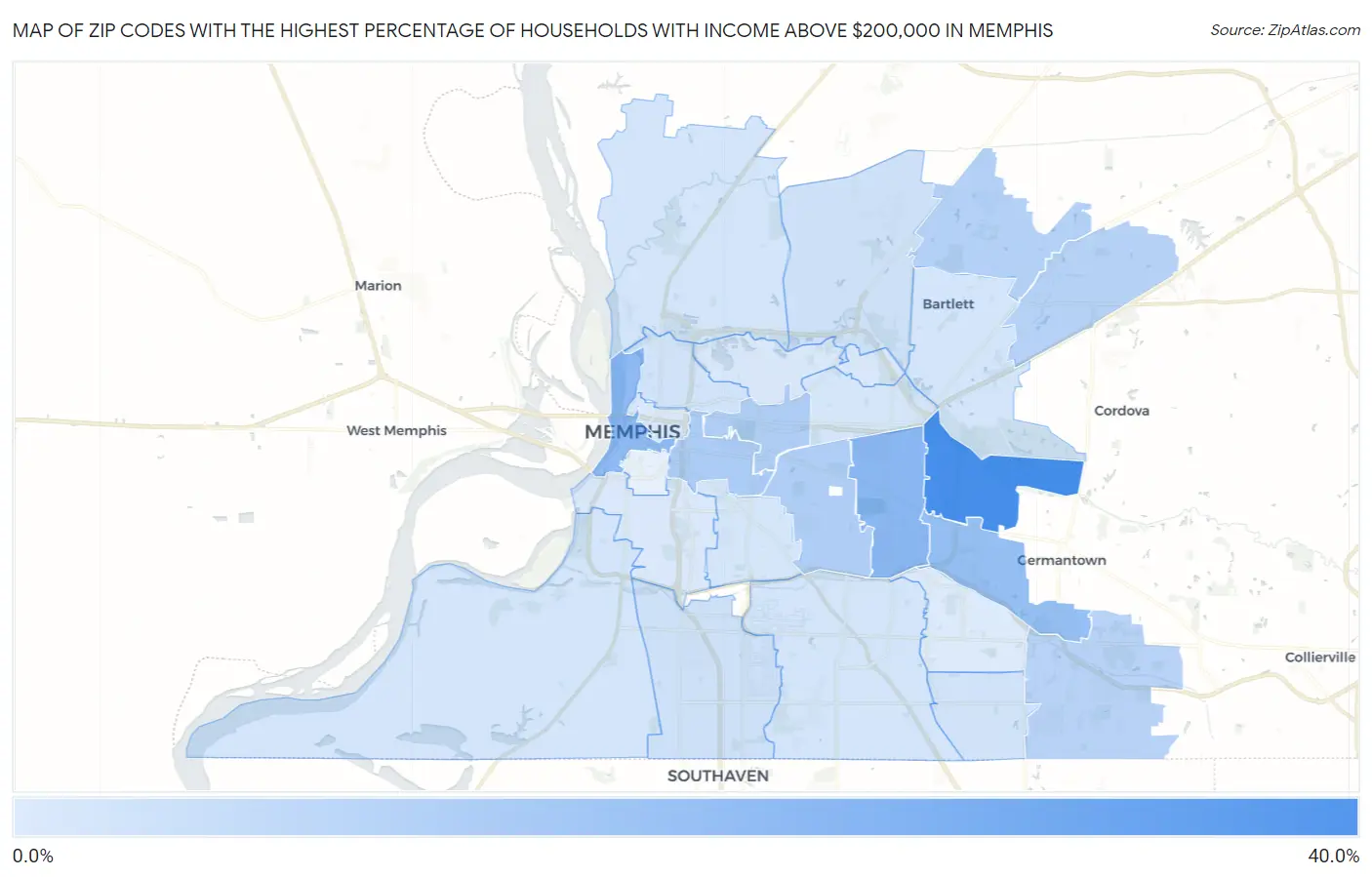 Zip Codes with the Highest Percentage of Households with Income Above $200,000 in Memphis Map
