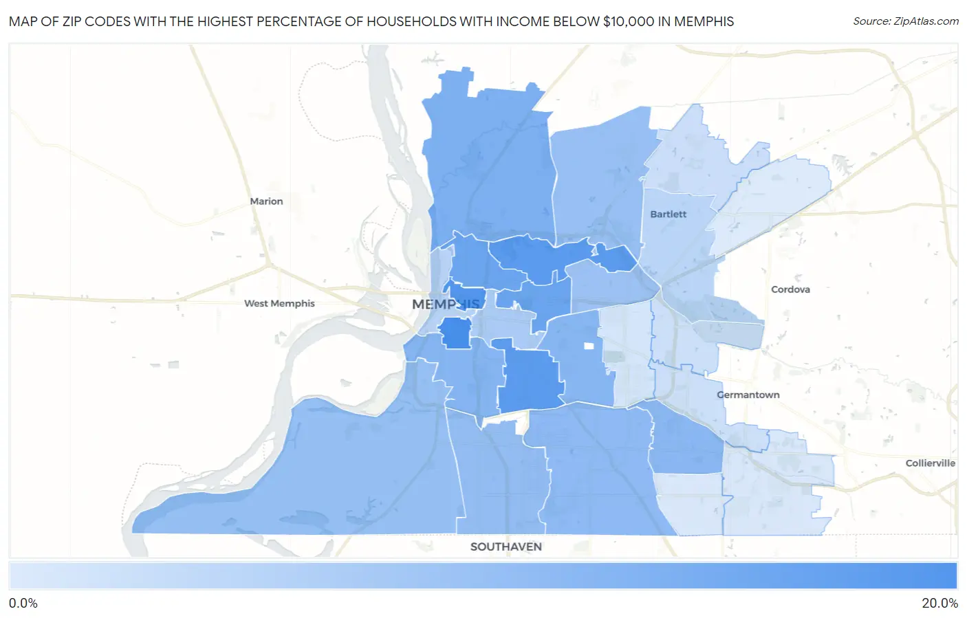 Zip Codes with the Highest Percentage of Households with Income Below $10,000 in Memphis Map