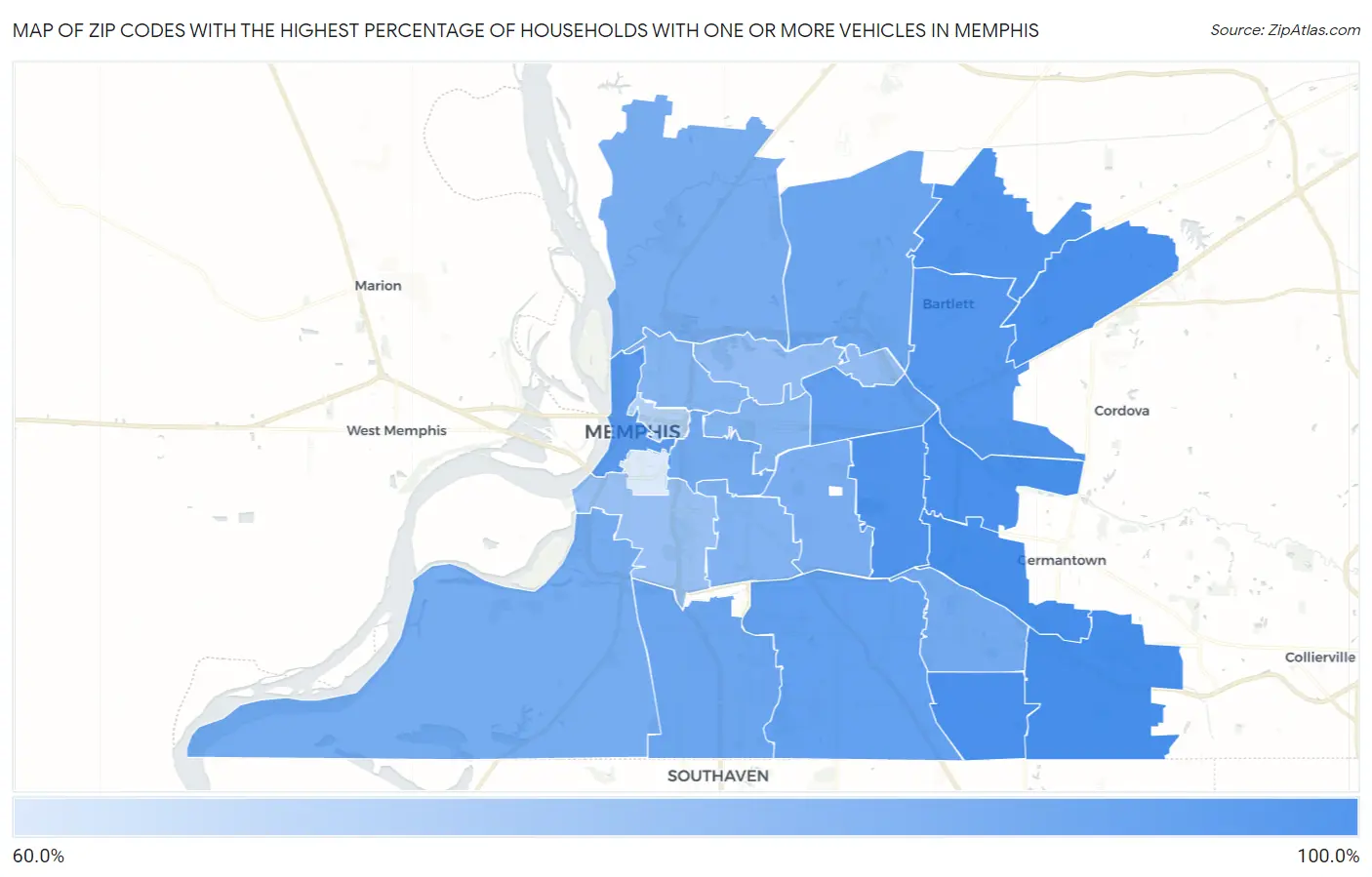 Zip Codes with the Highest Percentage of Households With One or more Vehicles in Memphis Map