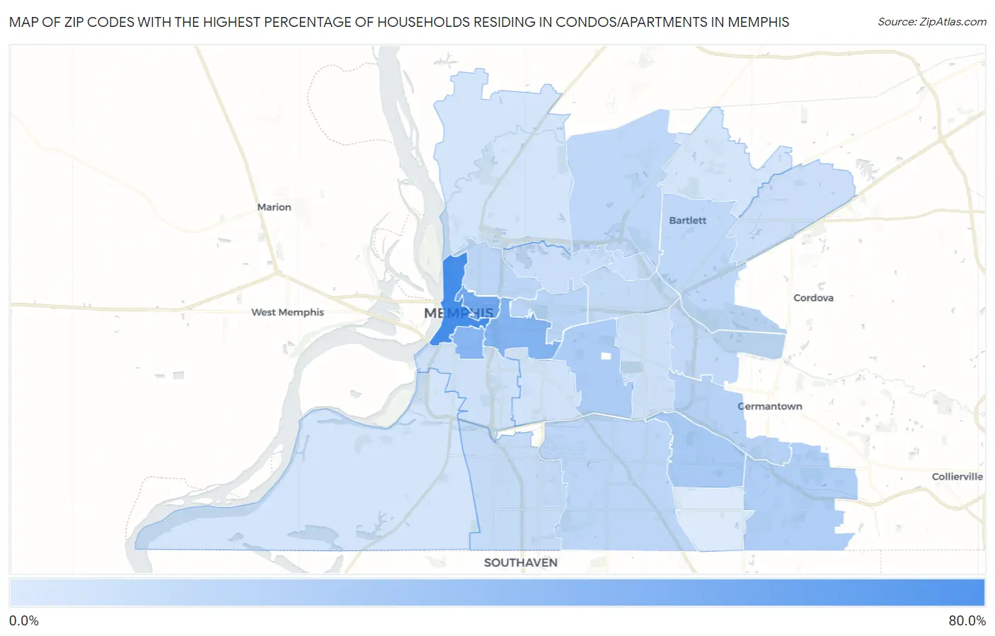Zip Codes with the Highest Percentage of Households Residing in Condos/Apartments in Memphis Map