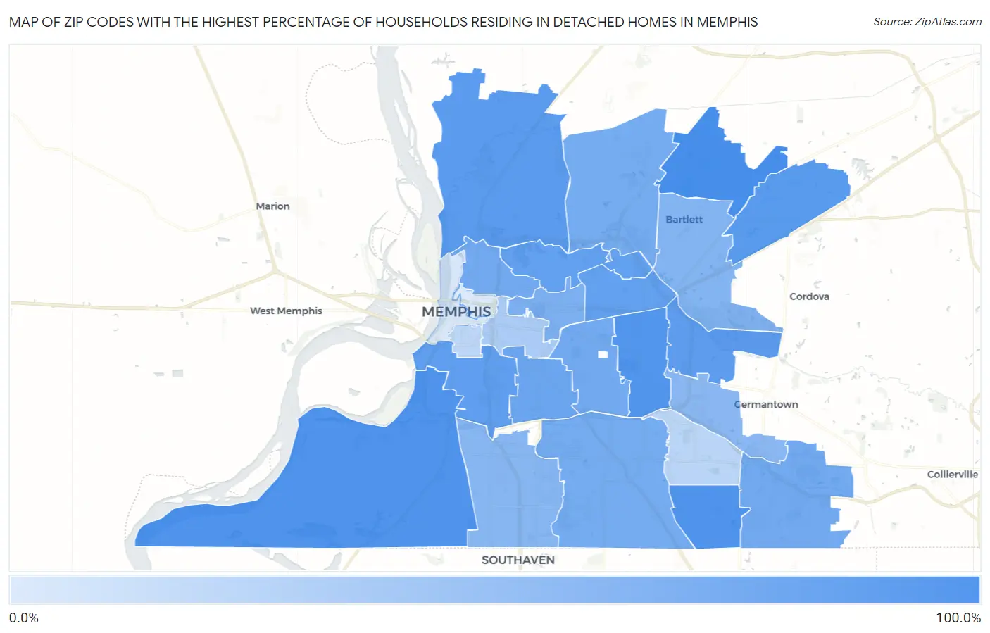 Zip Codes with the Highest Percentage of Households Residing in Detached Homes in Memphis Map