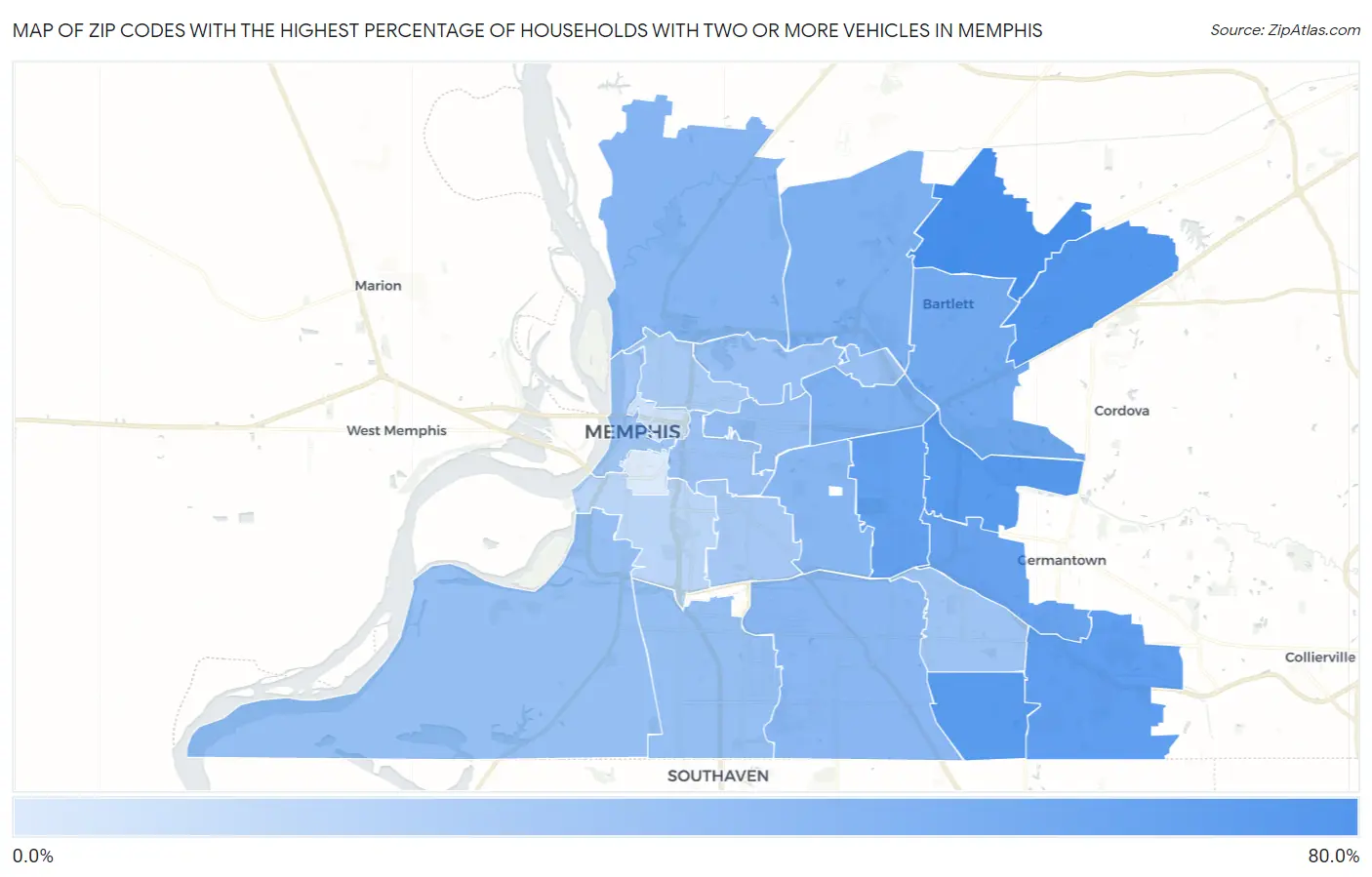 Zip Codes with the Highest Percentage of Households With Two or more Vehicles in Memphis Map
