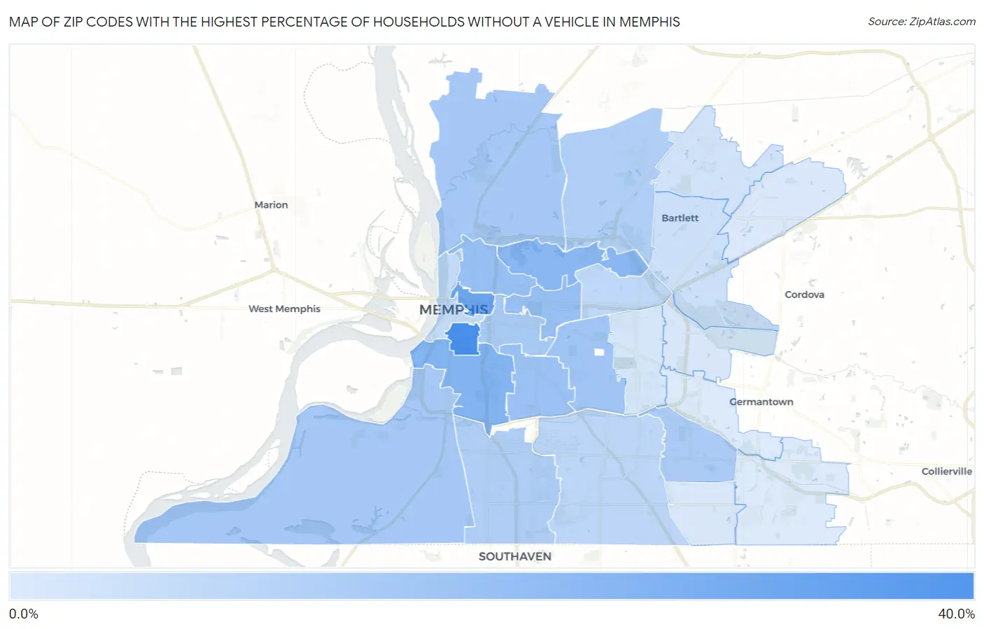 Zip Codes with the Highest Percentage of Households Without a Vehicle in Memphis Map