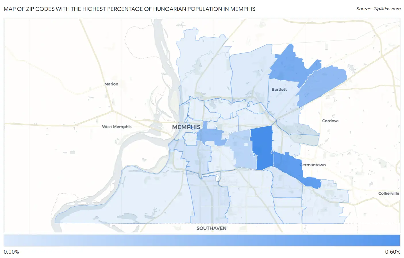 Zip Codes with the Highest Percentage of Hungarian Population in Memphis Map