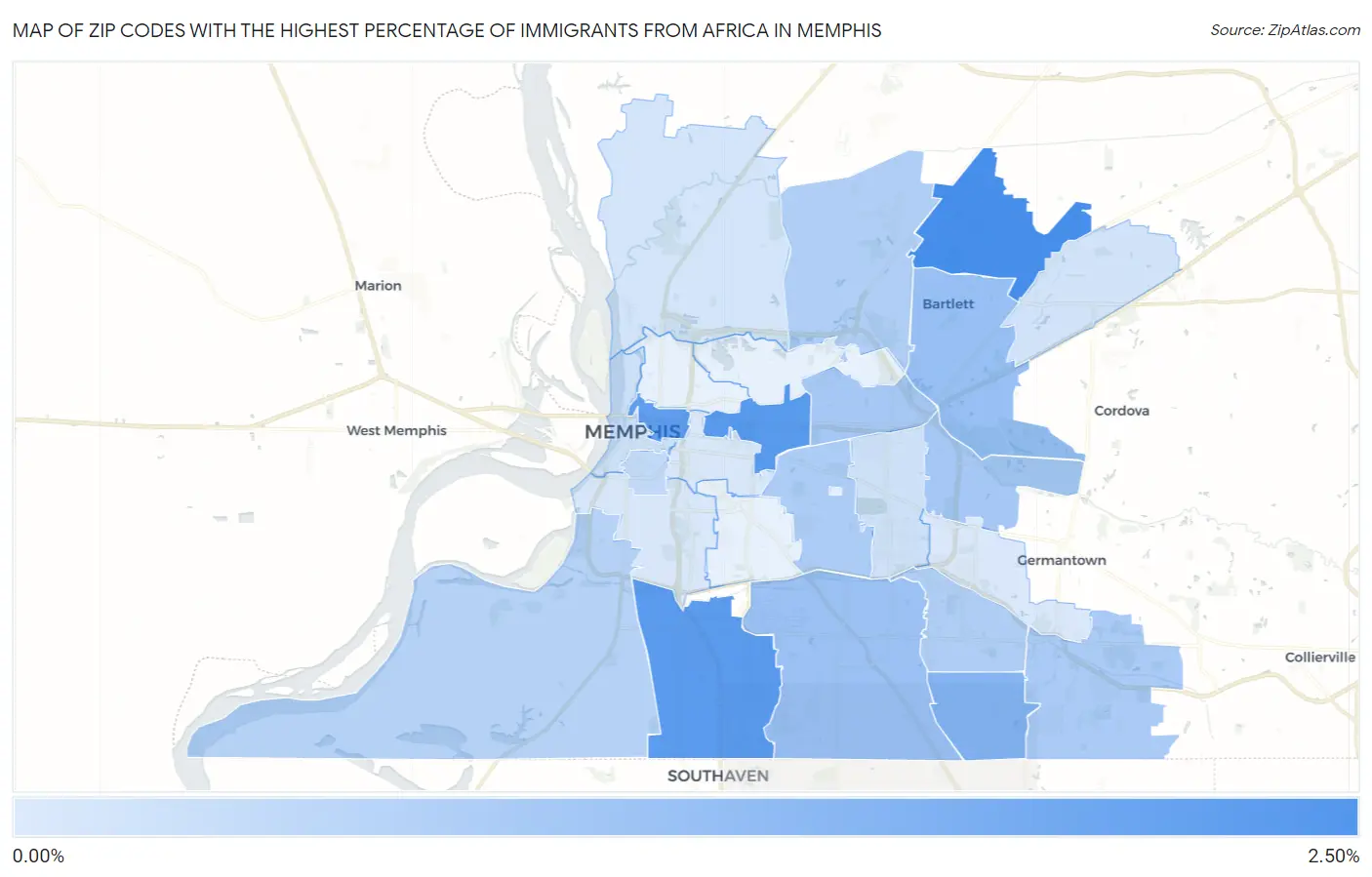 Zip Codes with the Highest Percentage of Immigrants from Africa in Memphis Map