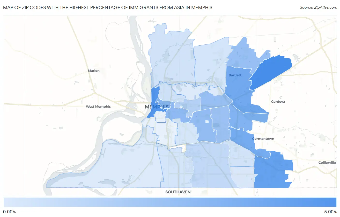 Zip Codes with the Highest Percentage of Immigrants from Asia in Memphis Map