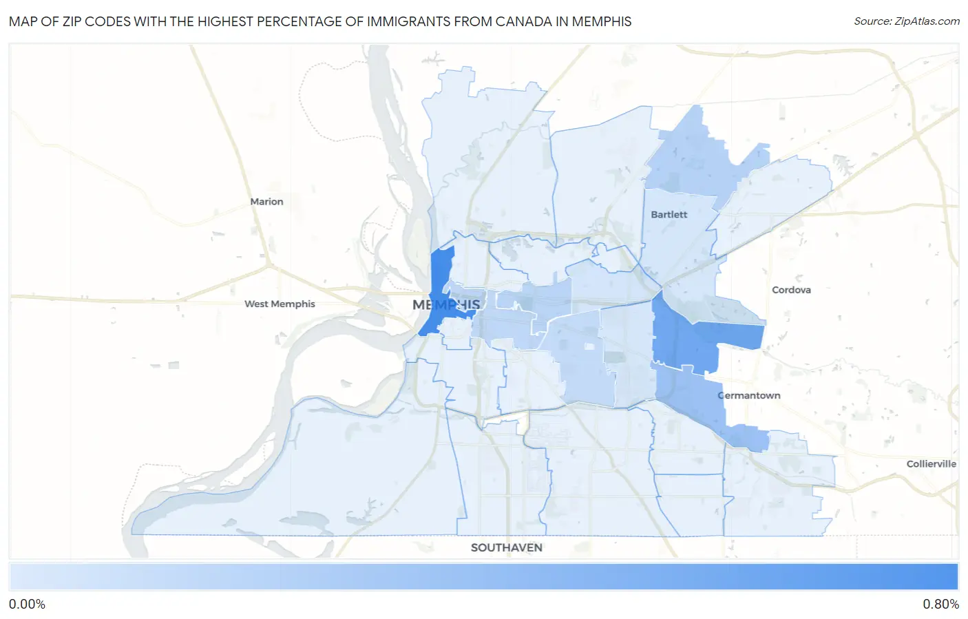 Zip Codes with the Highest Percentage of Immigrants from Canada in Memphis Map
