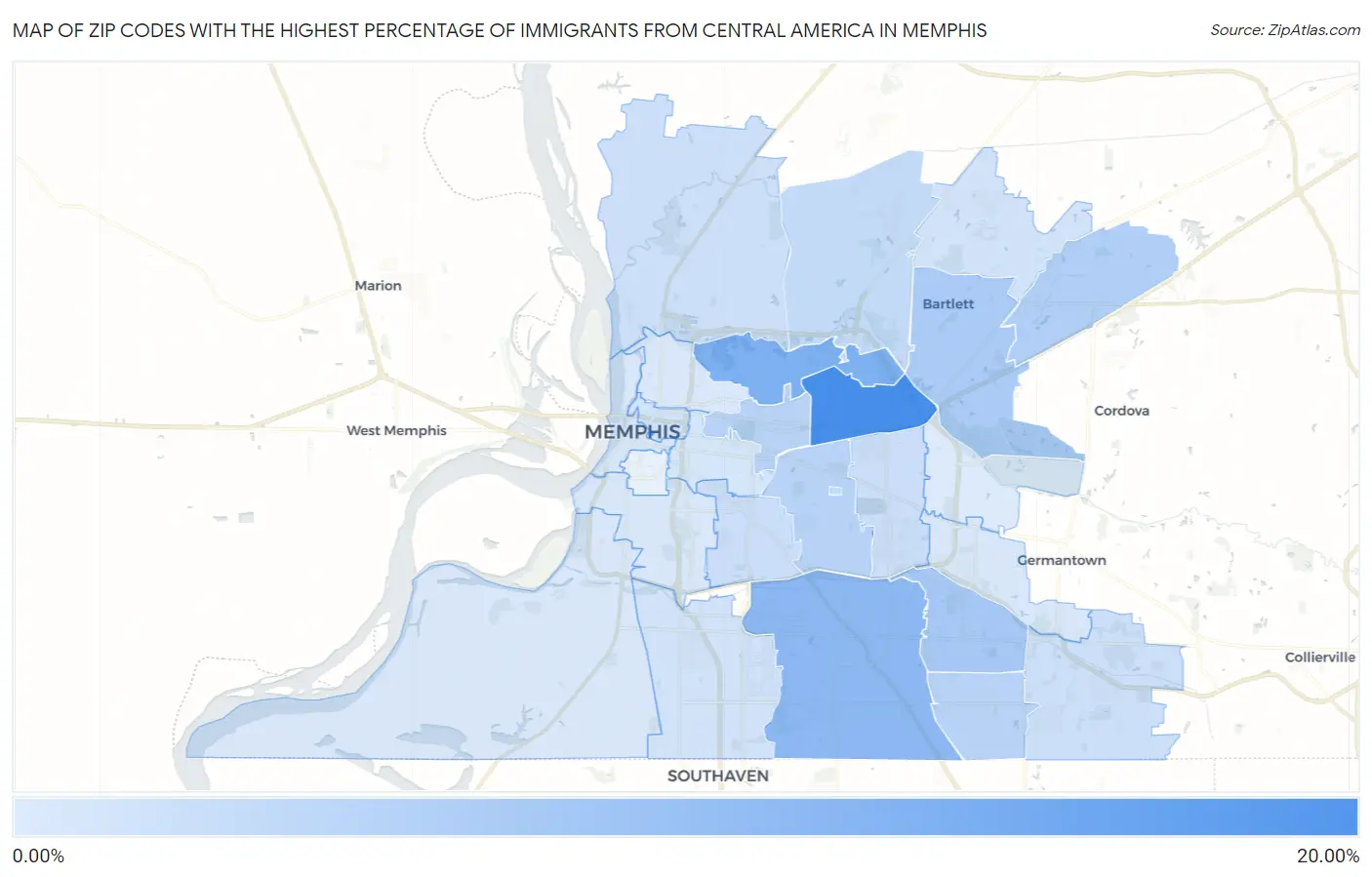 Zip Codes with the Highest Percentage of Immigrants from Central America in Memphis Map