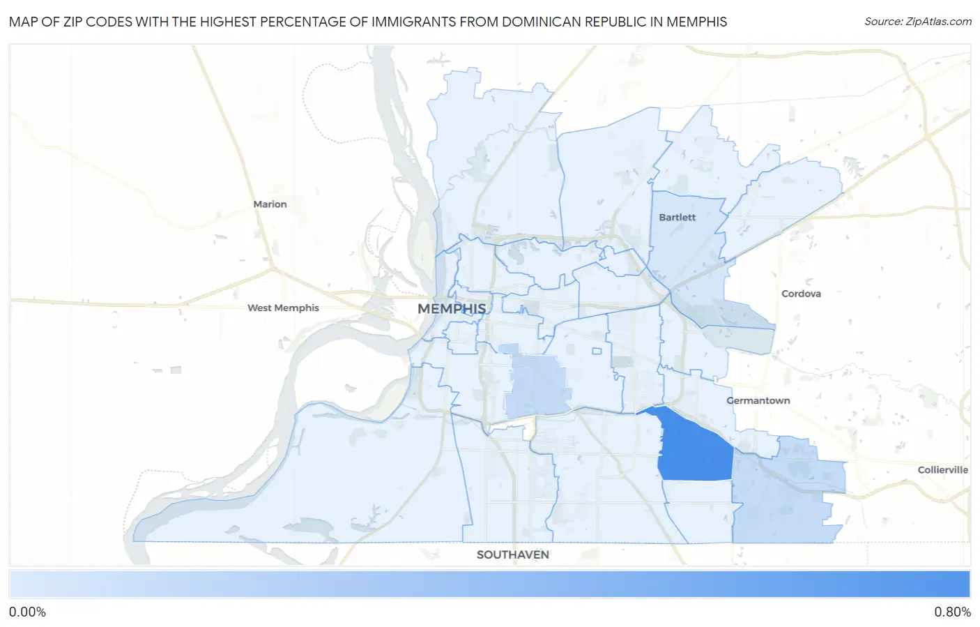 Zip Codes with the Highest Percentage of Immigrants from Dominican Republic in Memphis Map