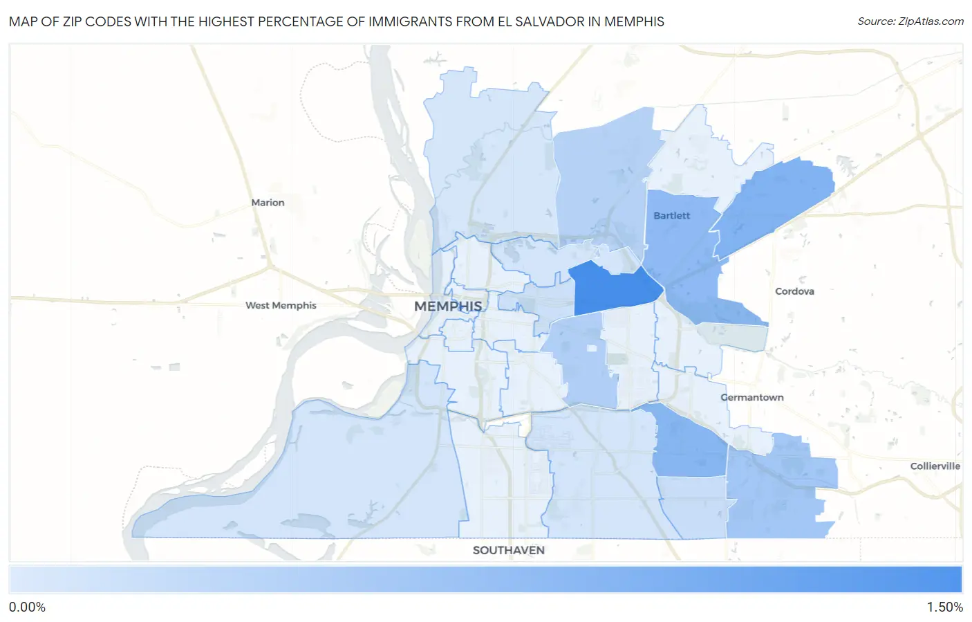 Zip Codes with the Highest Percentage of Immigrants from El Salvador in Memphis Map