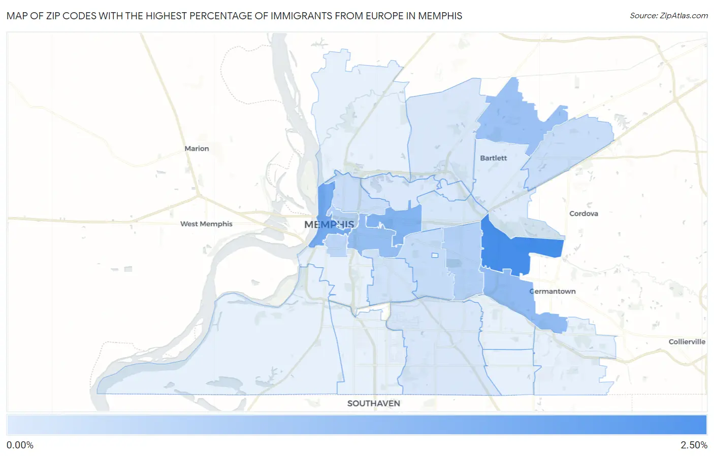 Zip Codes with the Highest Percentage of Immigrants from Europe in Memphis Map