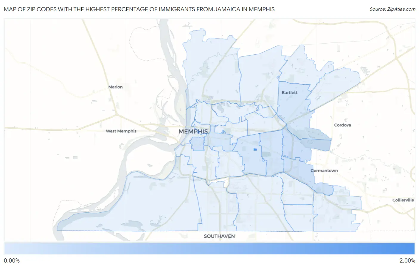 Zip Codes with the Highest Percentage of Immigrants from Jamaica in Memphis Map