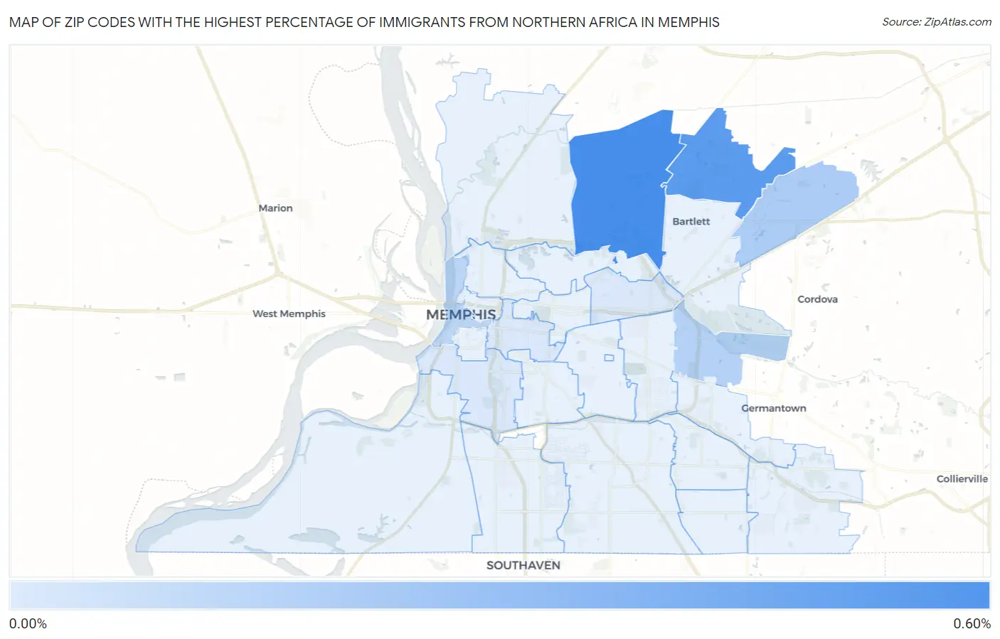 Zip Codes with the Highest Percentage of Immigrants from Northern Africa in Memphis Map