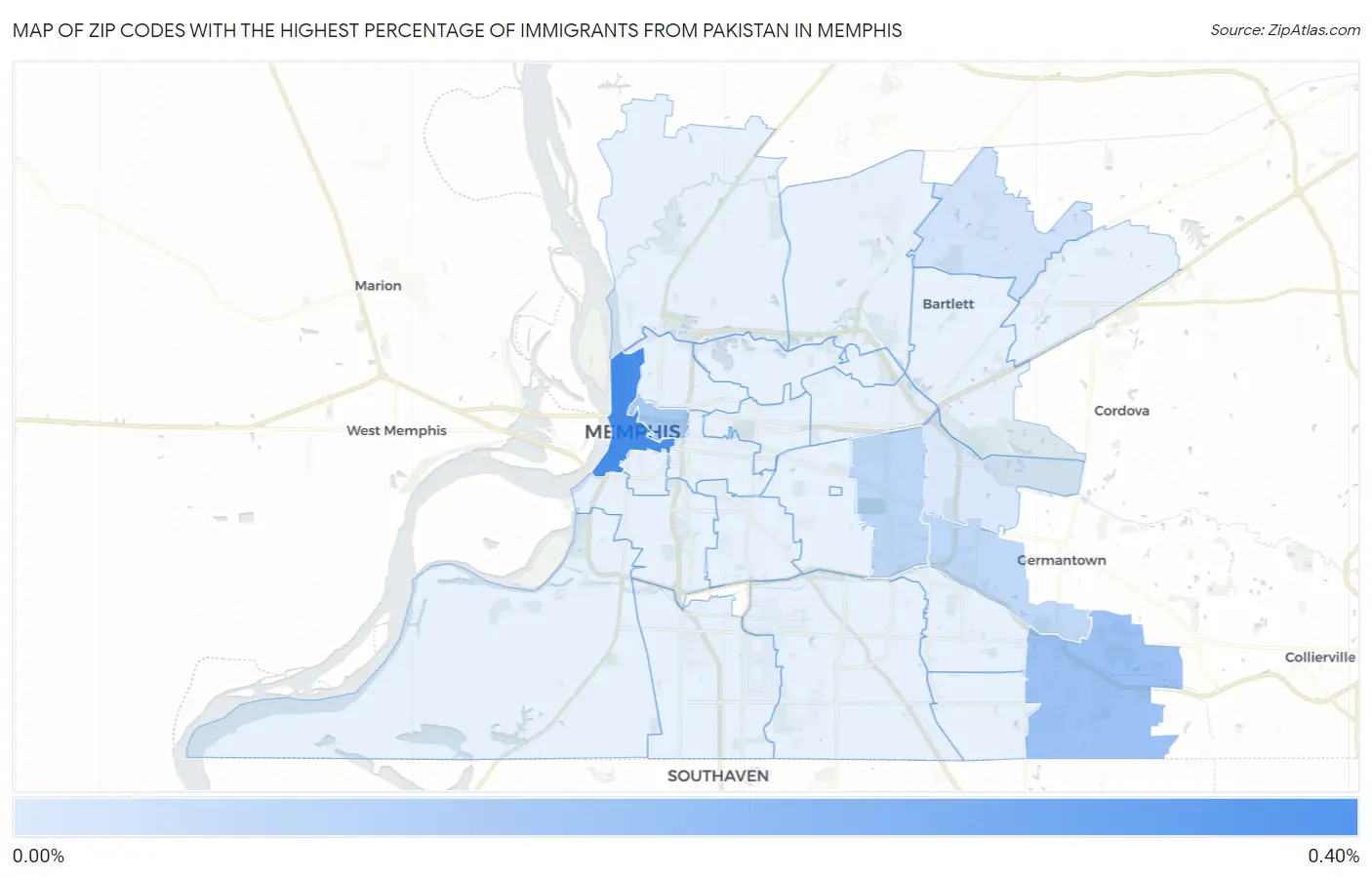 Zip Codes with the Highest Percentage of Immigrants from Pakistan in Memphis Map