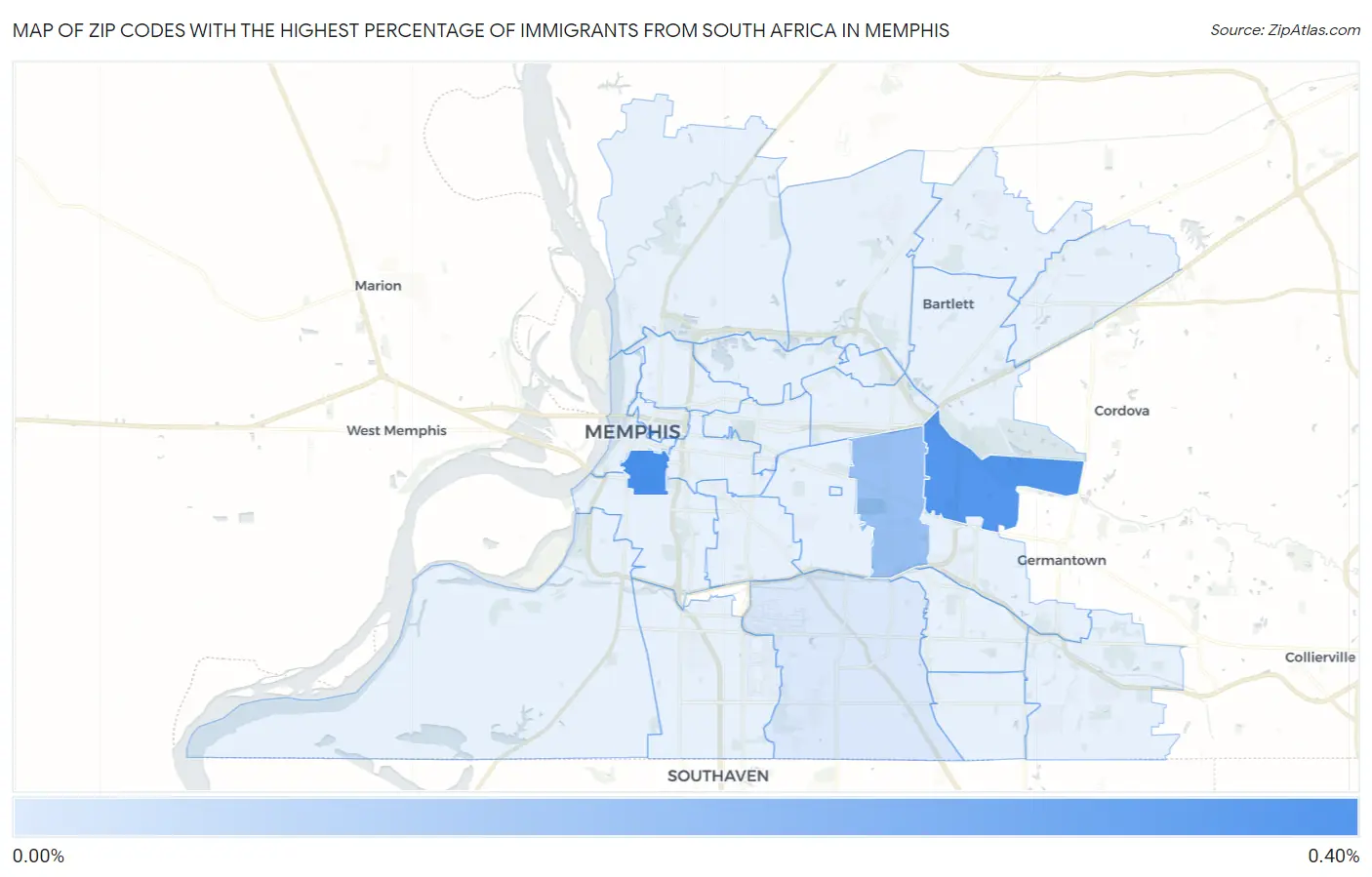 Zip Codes with the Highest Percentage of Immigrants from South Africa in Memphis Map