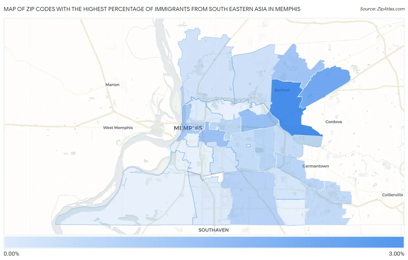 Zip Codes with the Highest Percentage of Immigrants from South Eastern Asia in Memphis Map