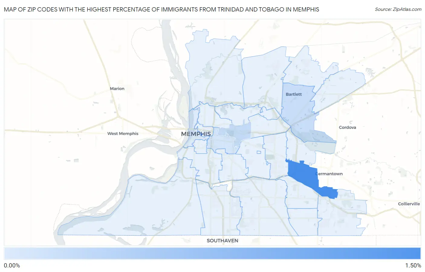 Zip Codes with the Highest Percentage of Immigrants from Trinidad and Tobago in Memphis Map