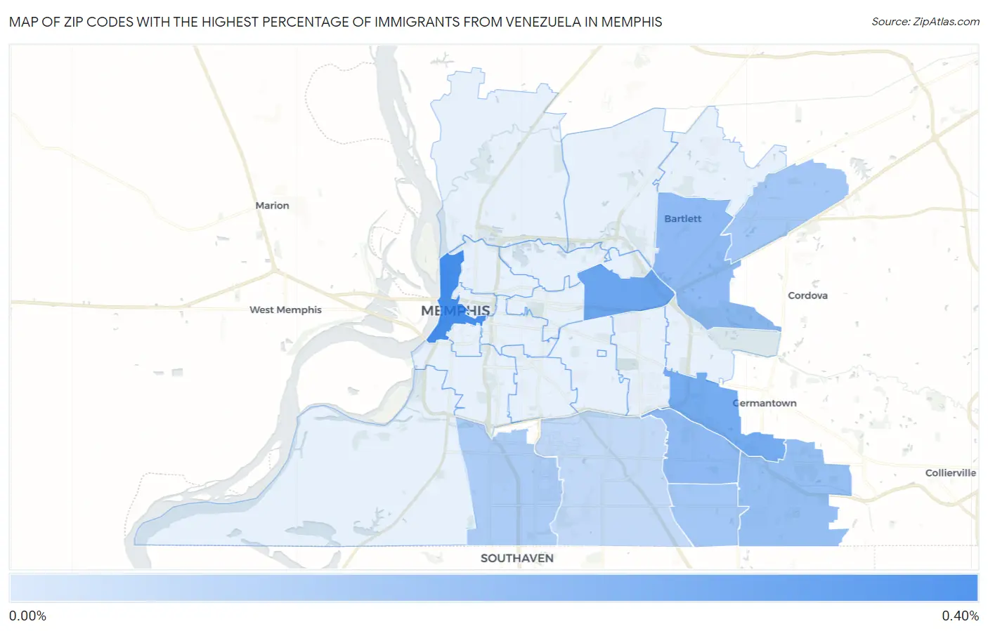 Zip Codes with the Highest Percentage of Immigrants from Venezuela in Memphis Map