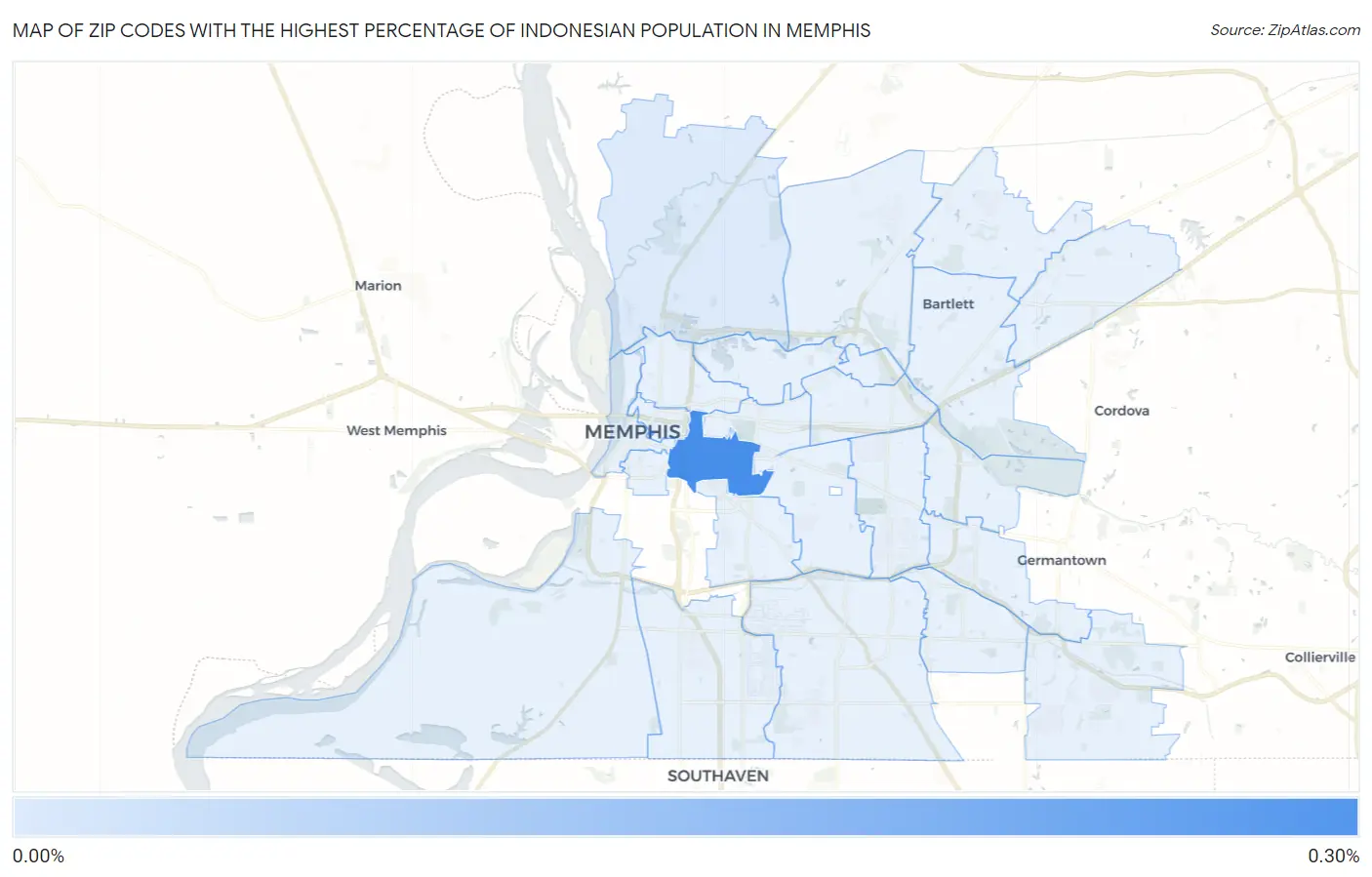 Zip Codes with the Highest Percentage of Indonesian Population in Memphis Map