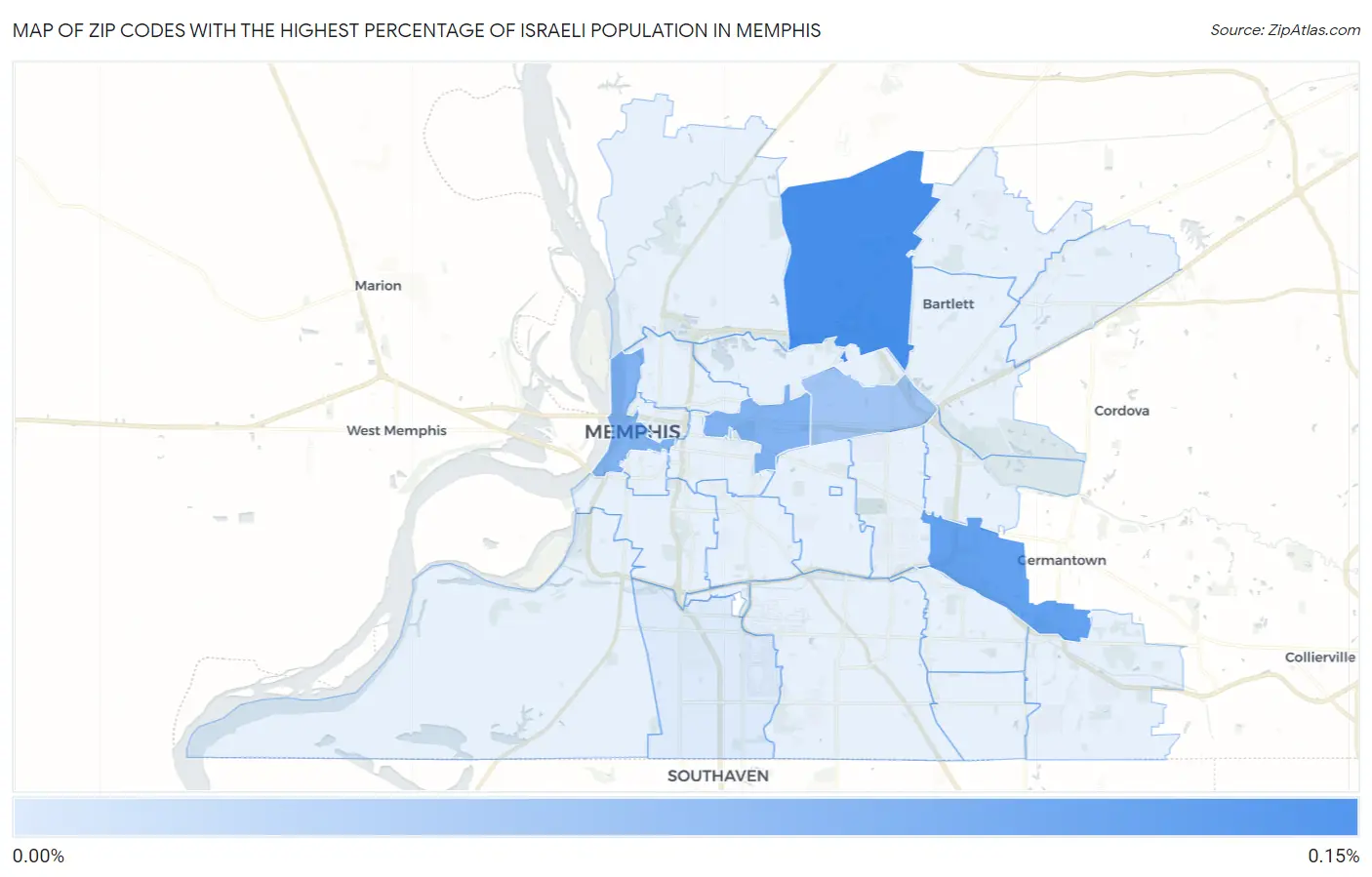 Zip Codes with the Highest Percentage of Israeli Population in Memphis Map