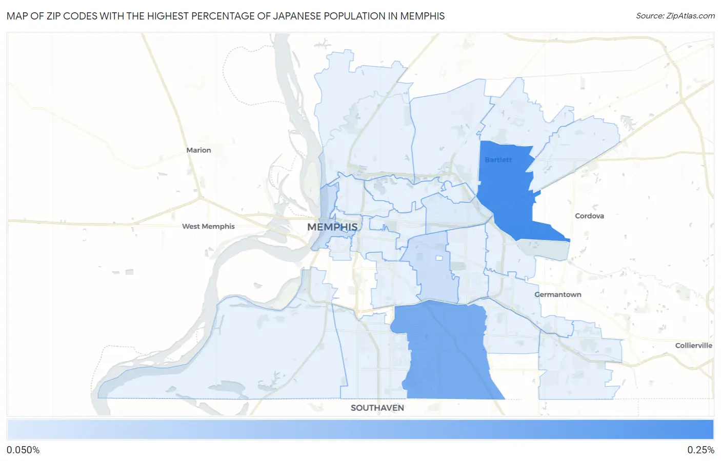 Zip Codes with the Highest Percentage of Japanese Population in Memphis Map