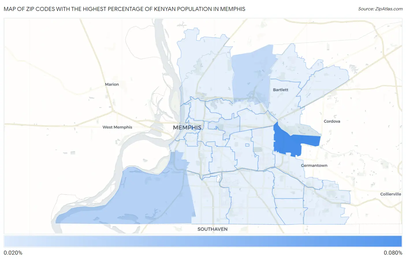 Zip Codes with the Highest Percentage of Kenyan Population in Memphis Map