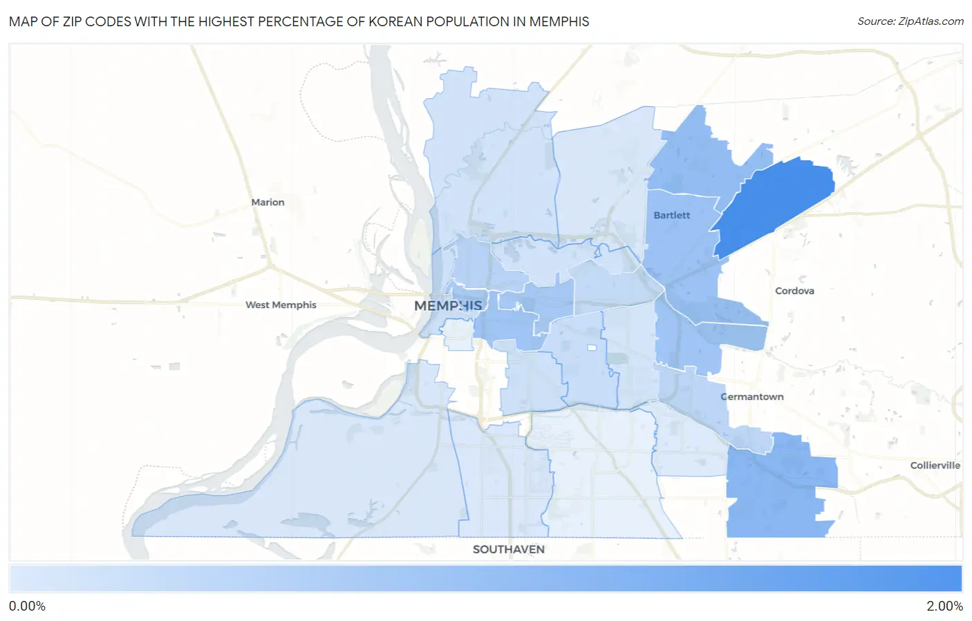 Zip Codes with the Highest Percentage of Korean Population in Memphis Map