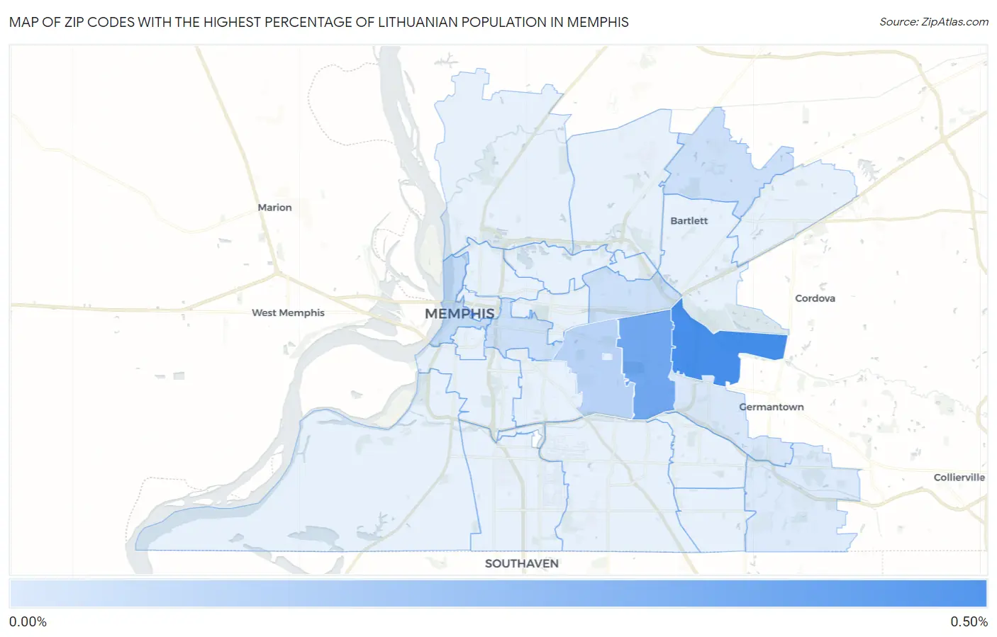 Zip Codes with the Highest Percentage of Lithuanian Population in Memphis Map