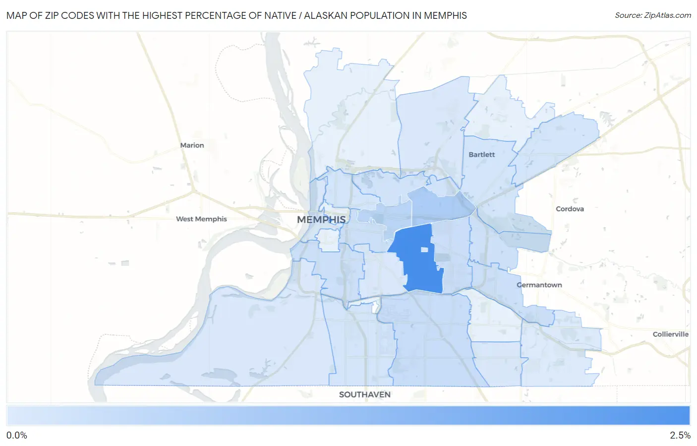 Zip Codes with the Highest Percentage of Native / Alaskan Population in Memphis Map