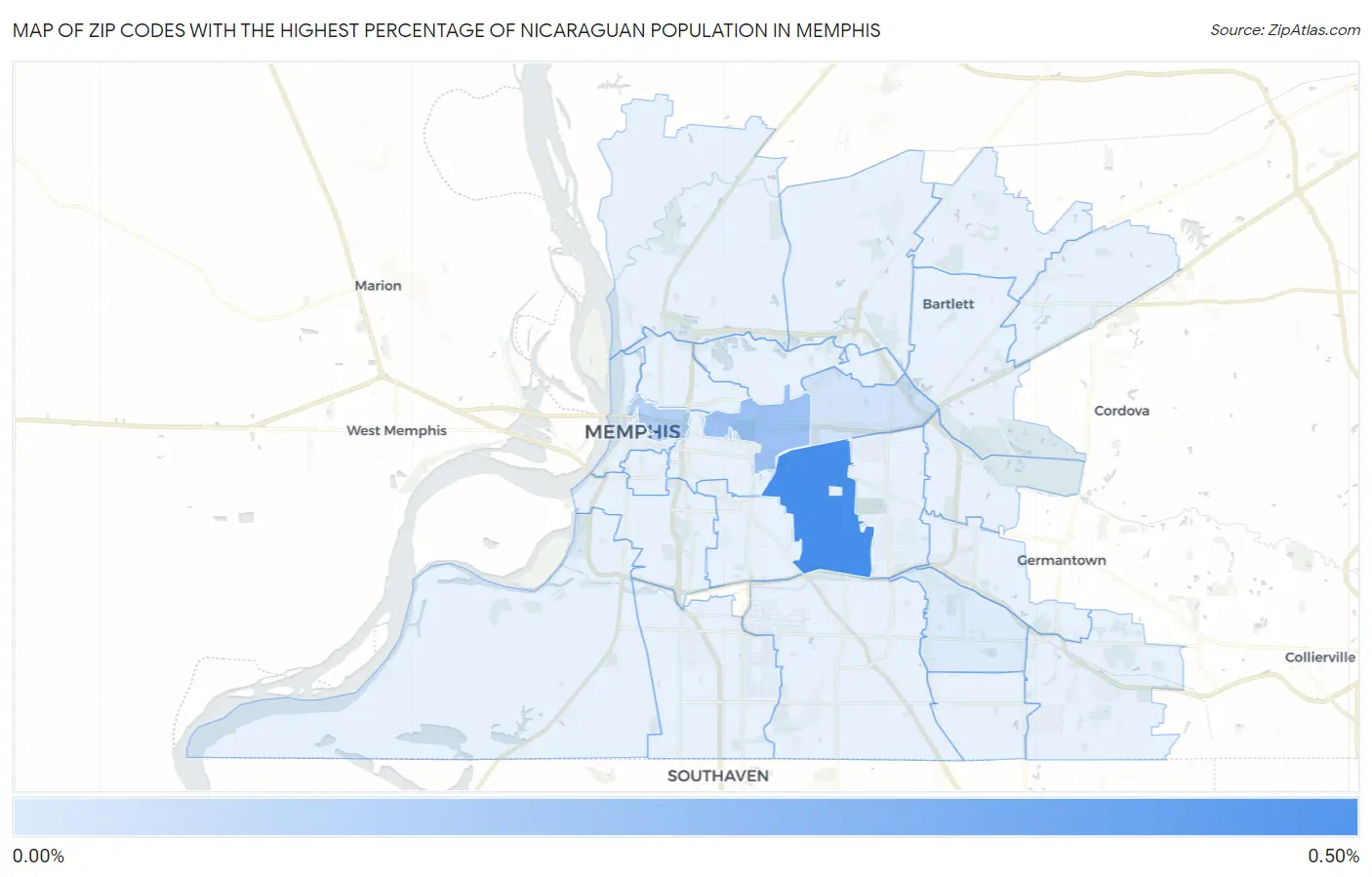 Zip Codes with the Highest Percentage of Nicaraguan Population in Memphis Map