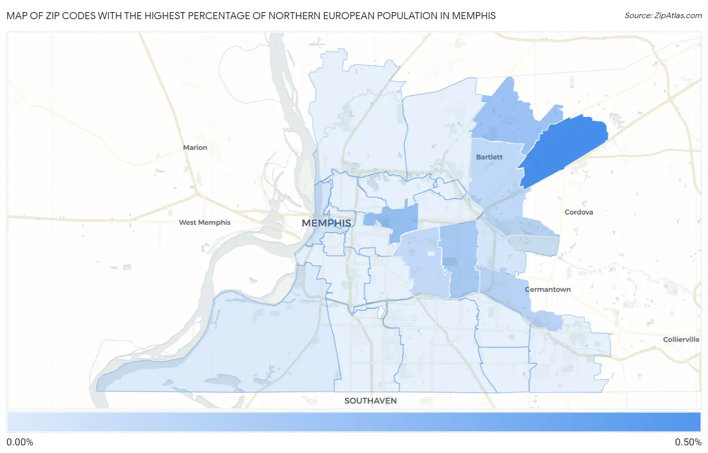 Zip Codes with the Highest Percentage of Northern European Population in Memphis Map