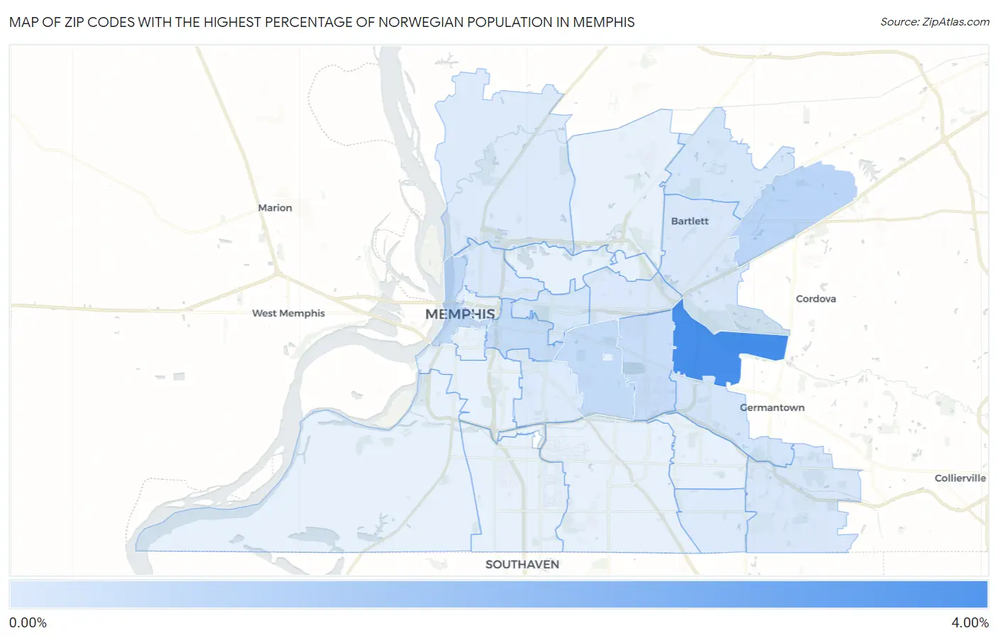 Zip Codes with the Highest Percentage of Norwegian Population in Memphis Map
